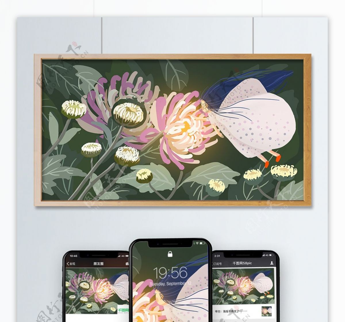 菊花与蝴蝶写实植物插画
