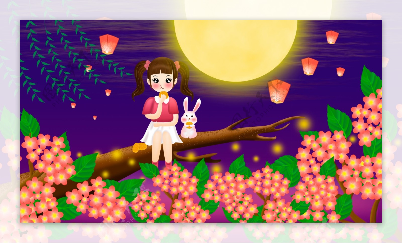 中秋节女孩做树上赏月吃月饼插画