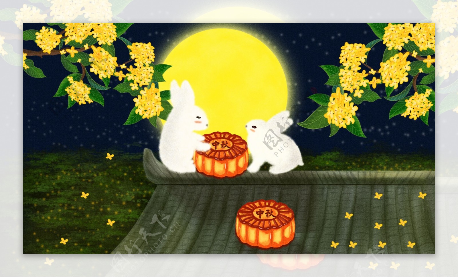 中秋节屋顶上的兔子搬月饼原创手绘插画