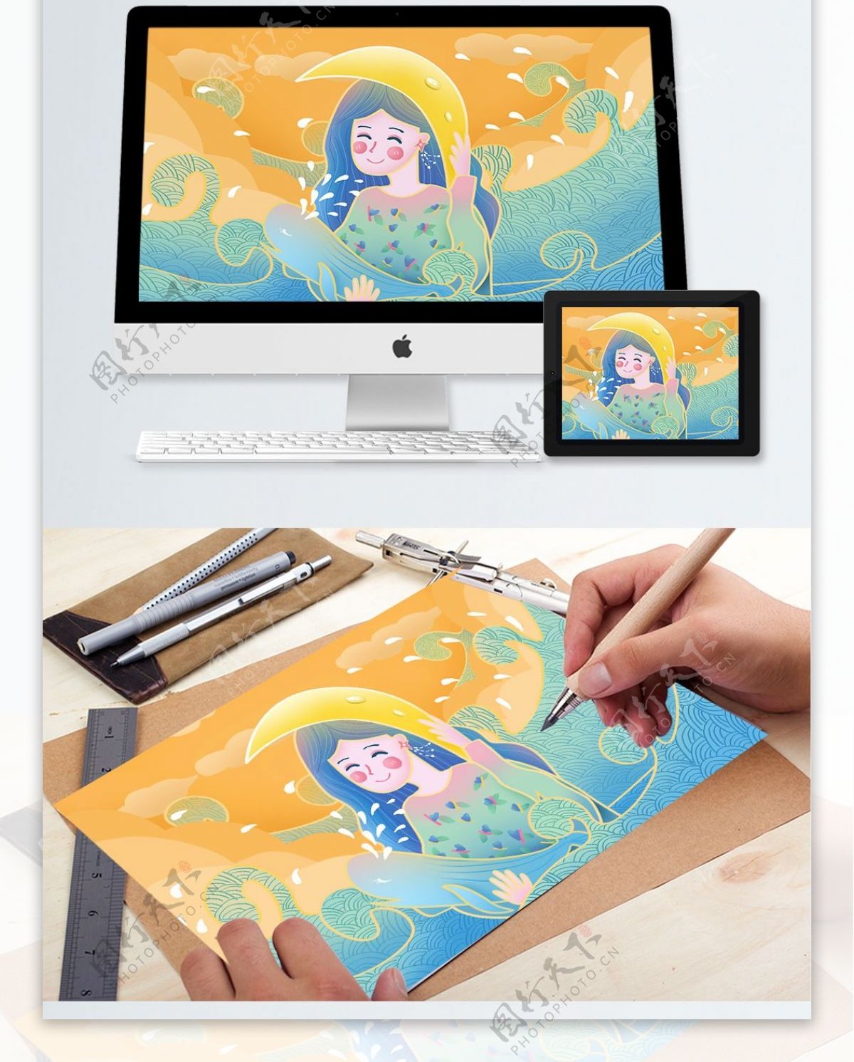 原创手绘插画流光溢彩海洋中的女孩与鲸