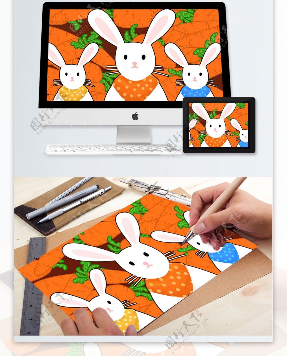 原创插画萌宠系列兔兔要吃胡萝卜