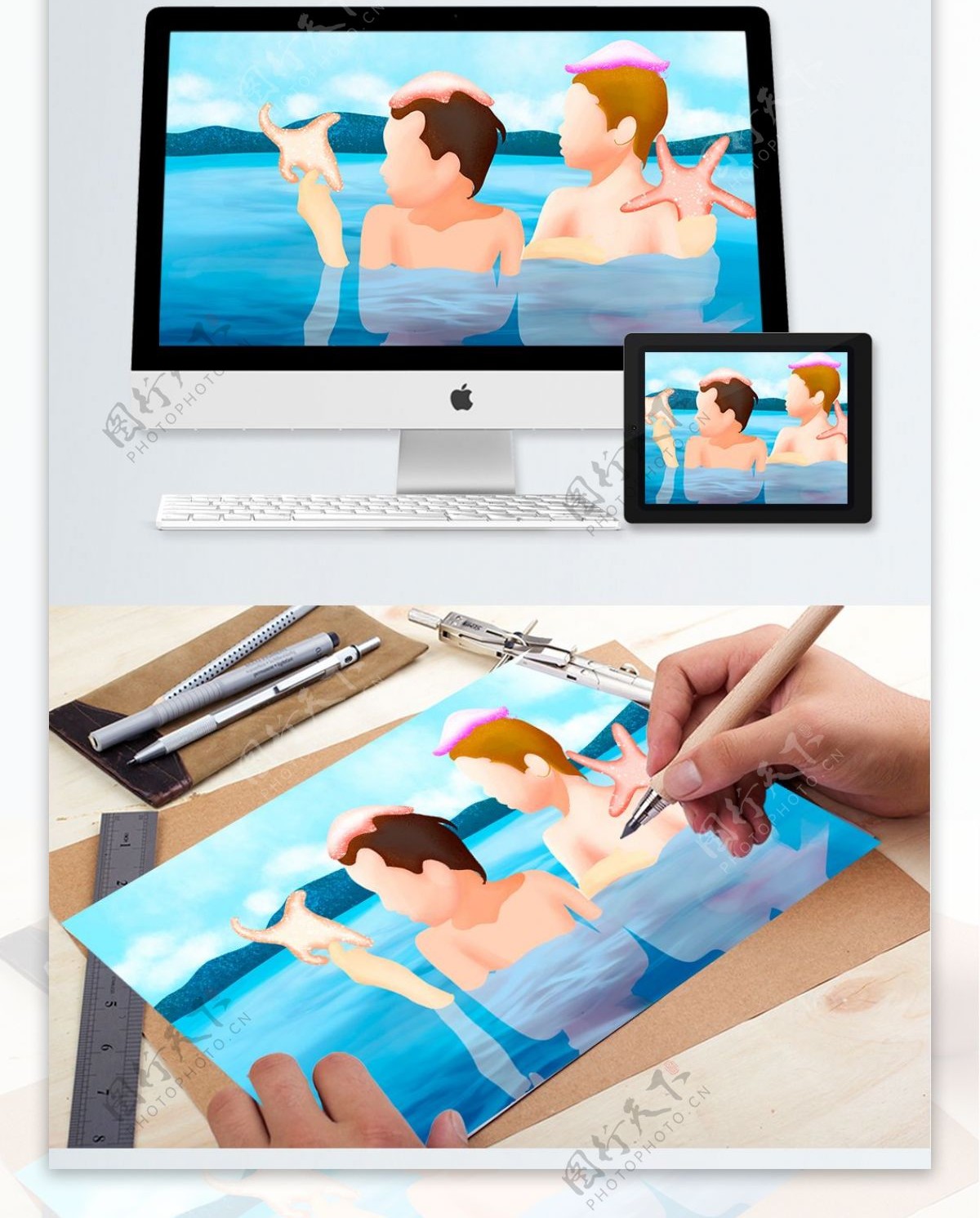 夏天海边旅行游泳抓海星的男孩们原创插画