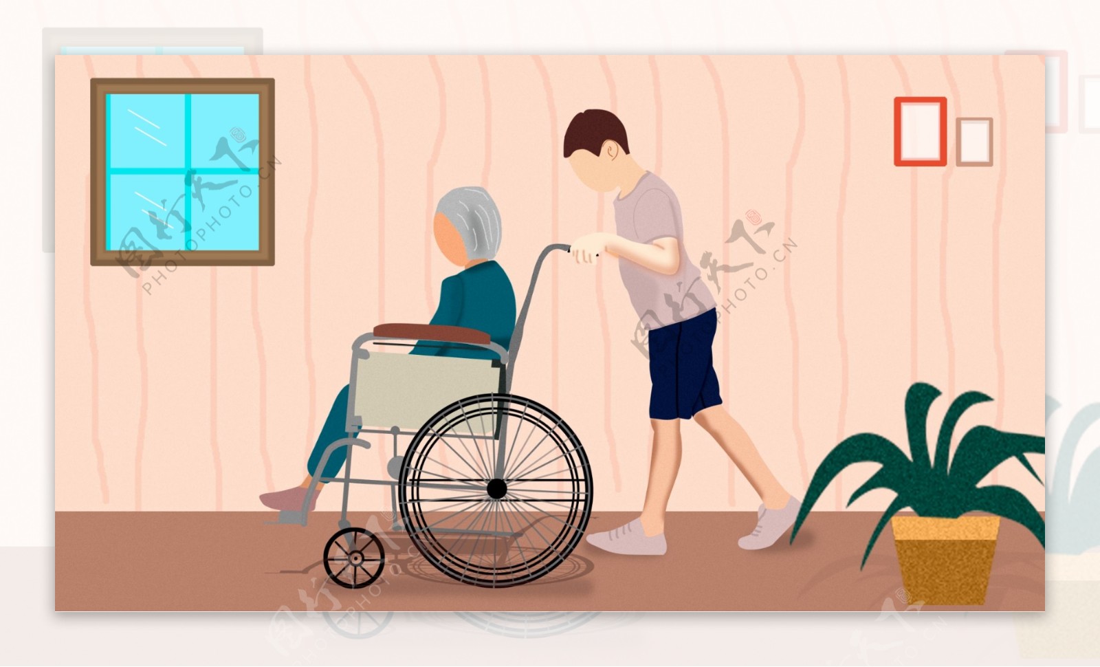 插画关爱老人男孩推轮椅手绘