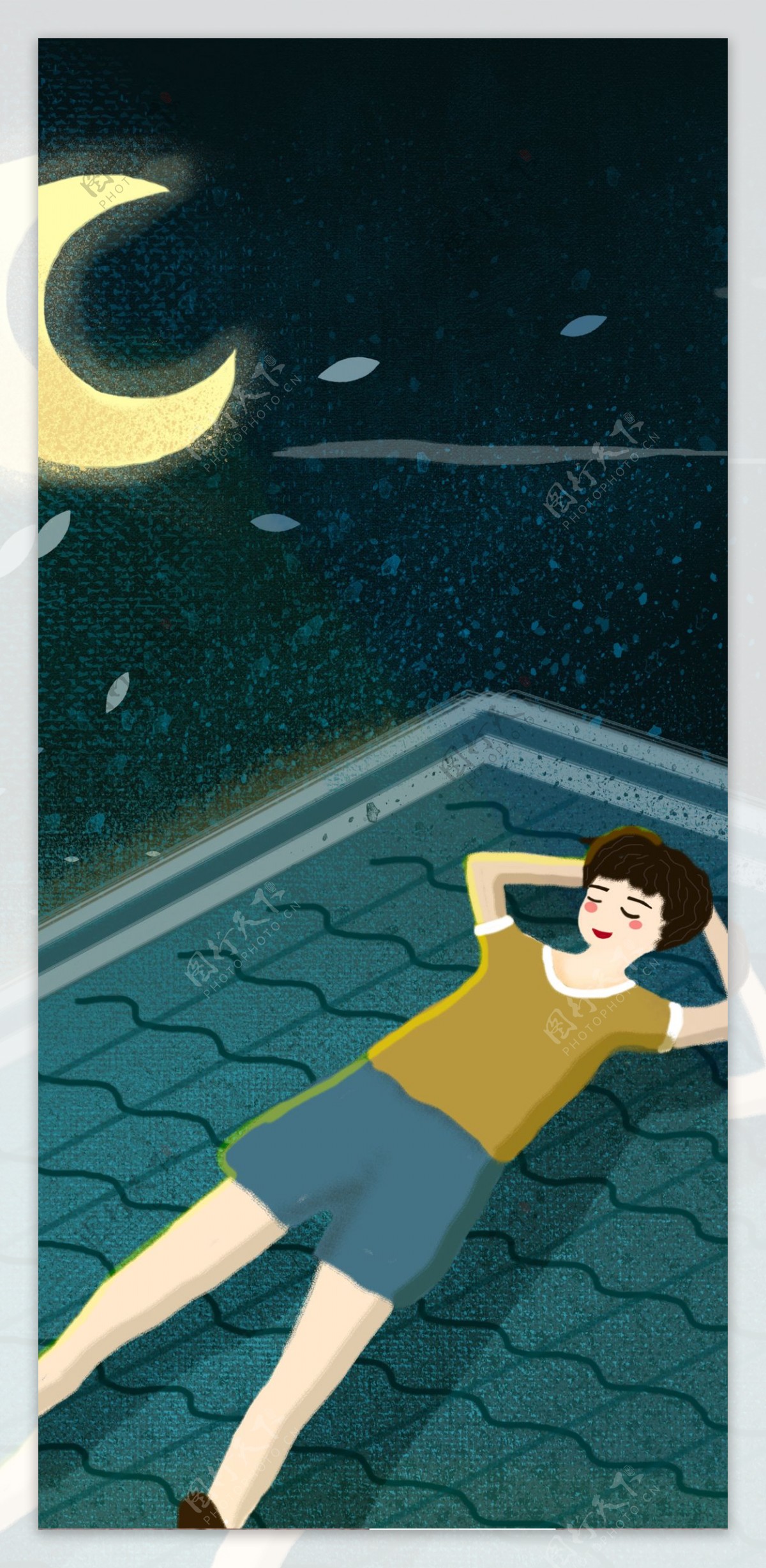 原创夏天夜晚屋顶乘凉的男孩商业插画