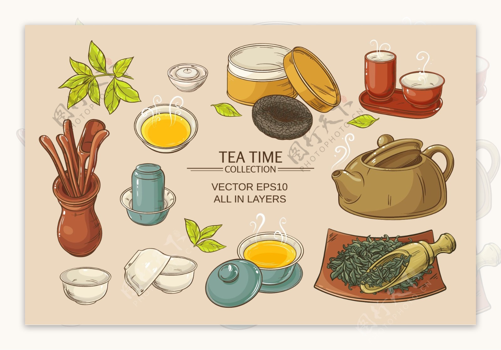 传统茶道用品元素插画