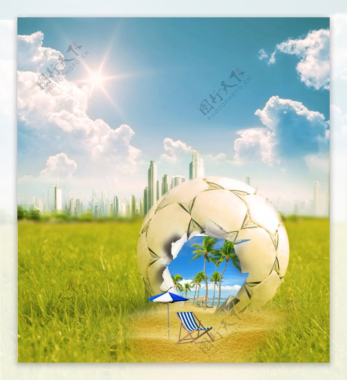 沙滩足球阳光创意宣传海报