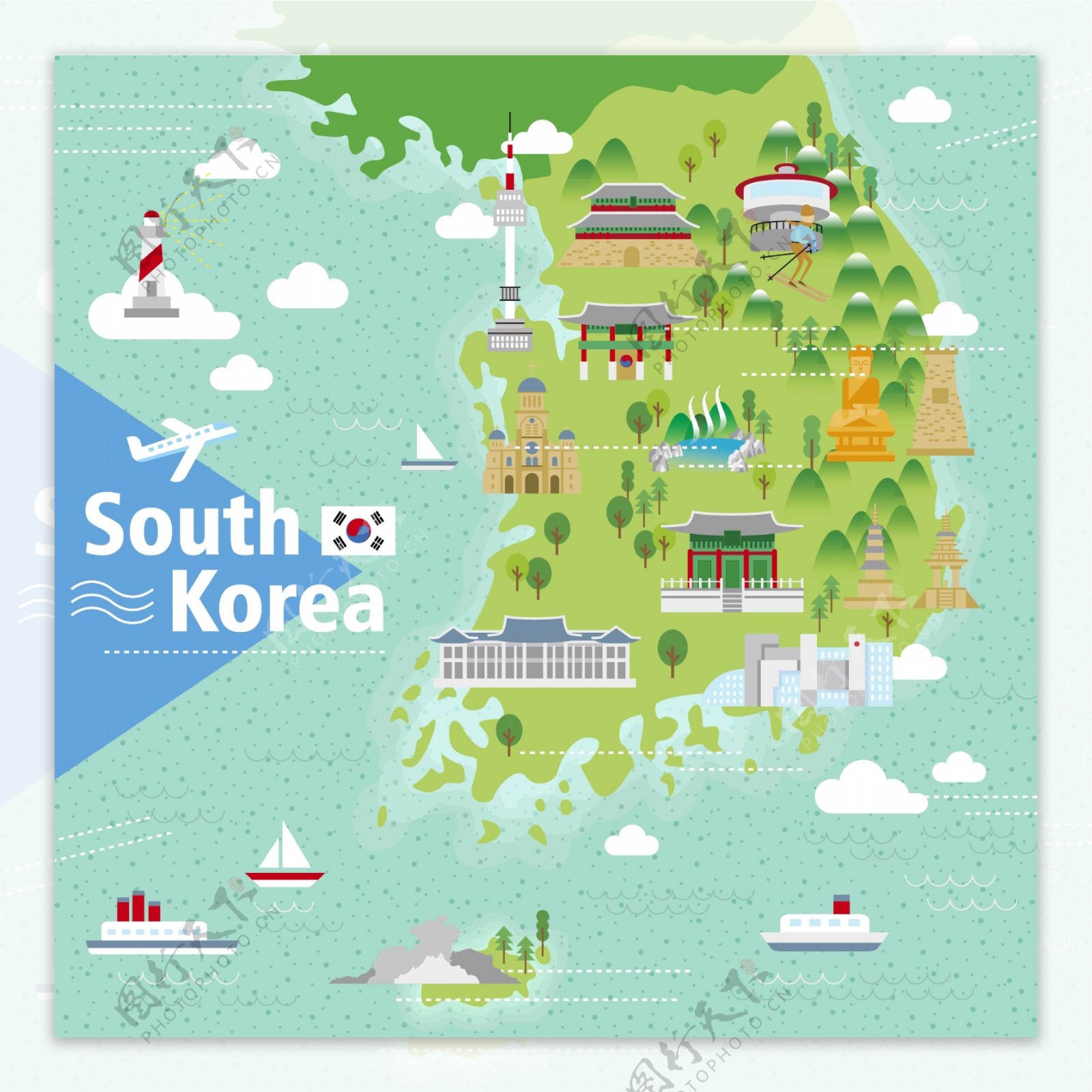 手绘矢量旅游韩国江南区景点地图海报背景