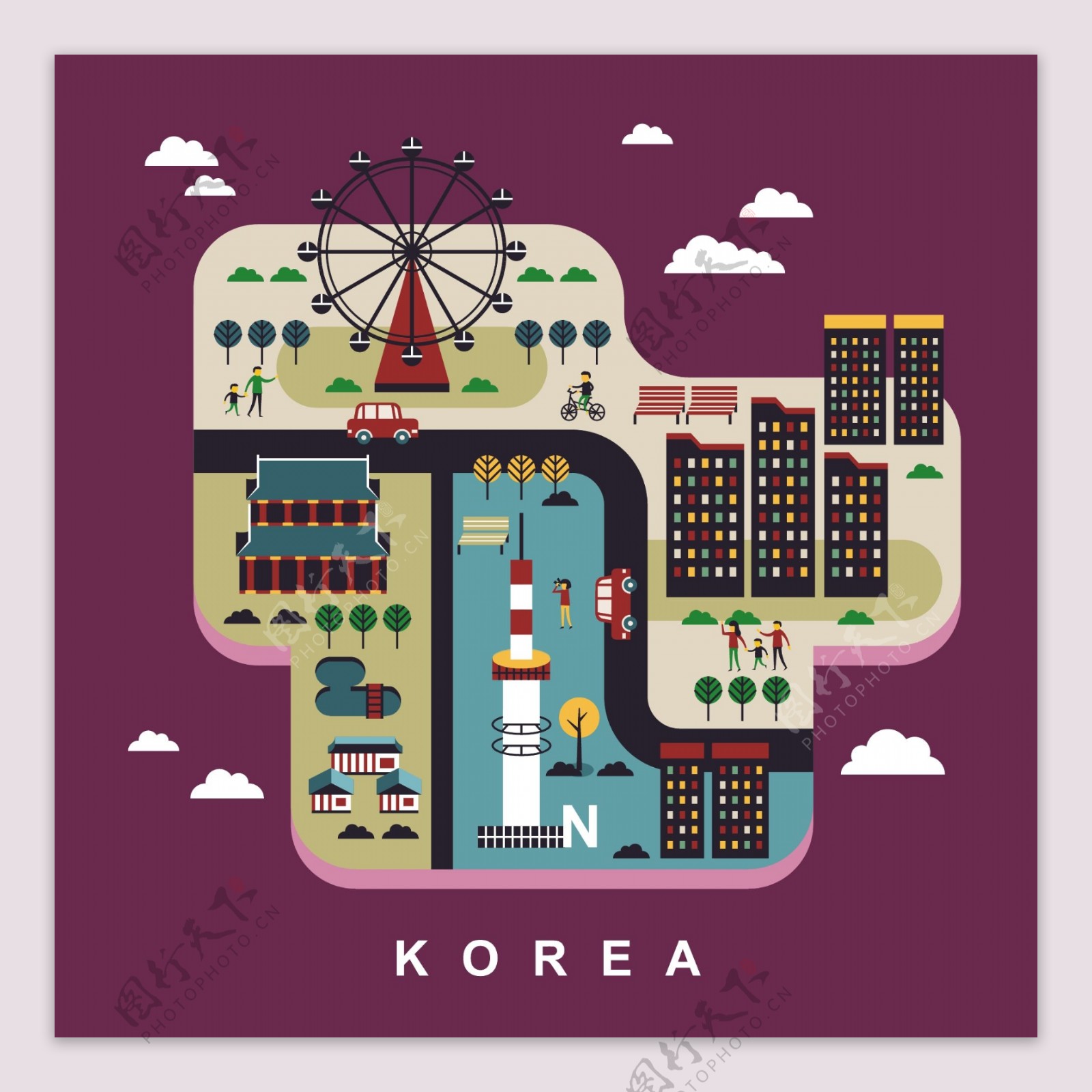 韩国旅行地标建筑手绘地图