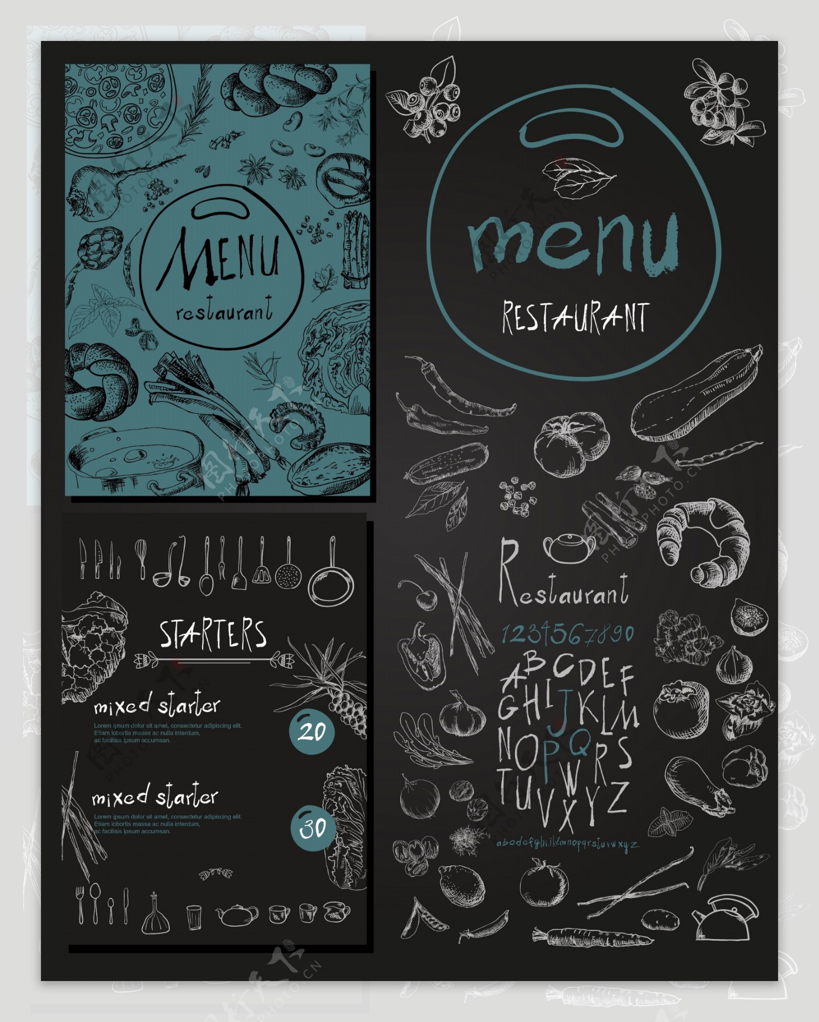 蓝色食材餐厅菜单设计矢量素材