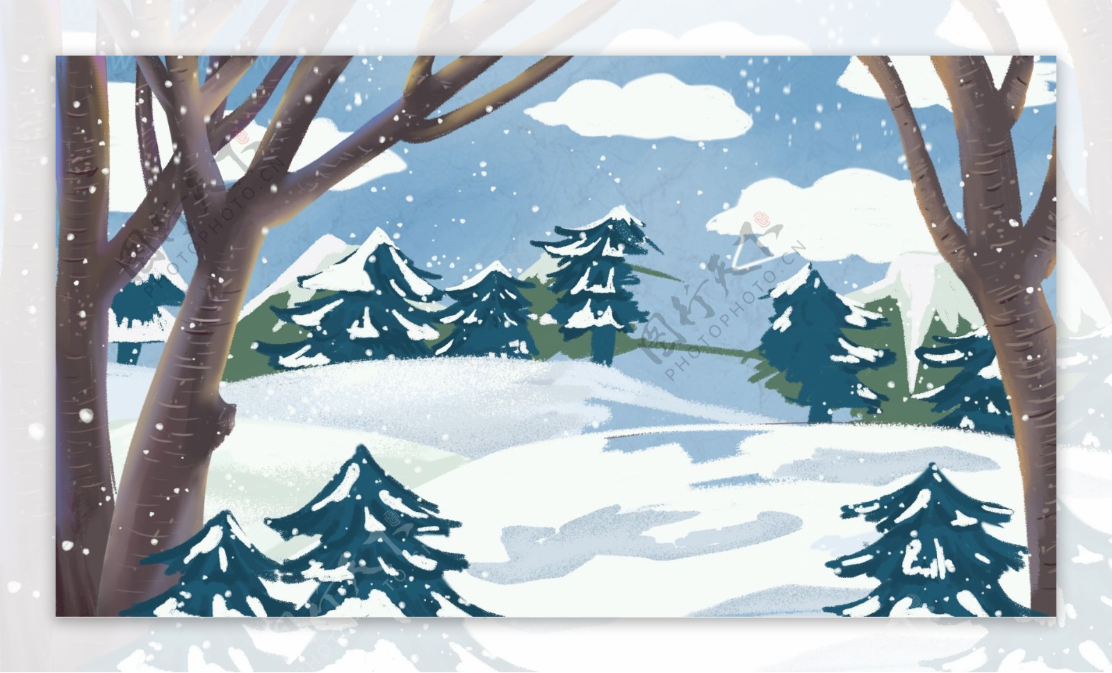 手绘树林雪花雪景背景素材