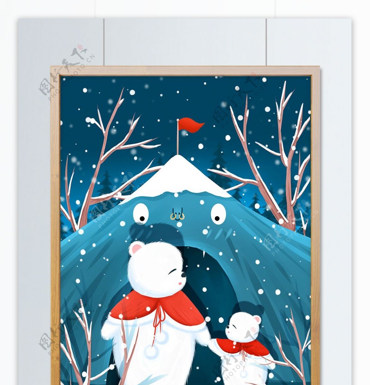 2月你好清新治愈水彩插画雪牵手散步的小熊