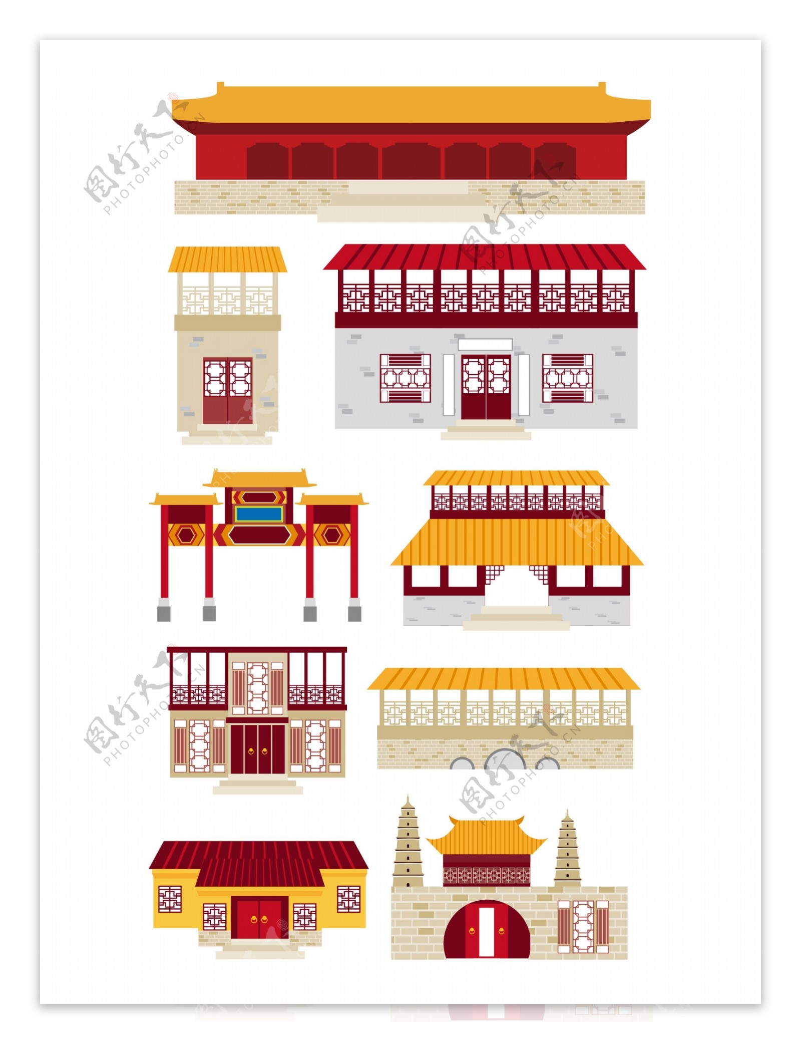 中国古代建筑物手绘矢量元素背景装饰套图