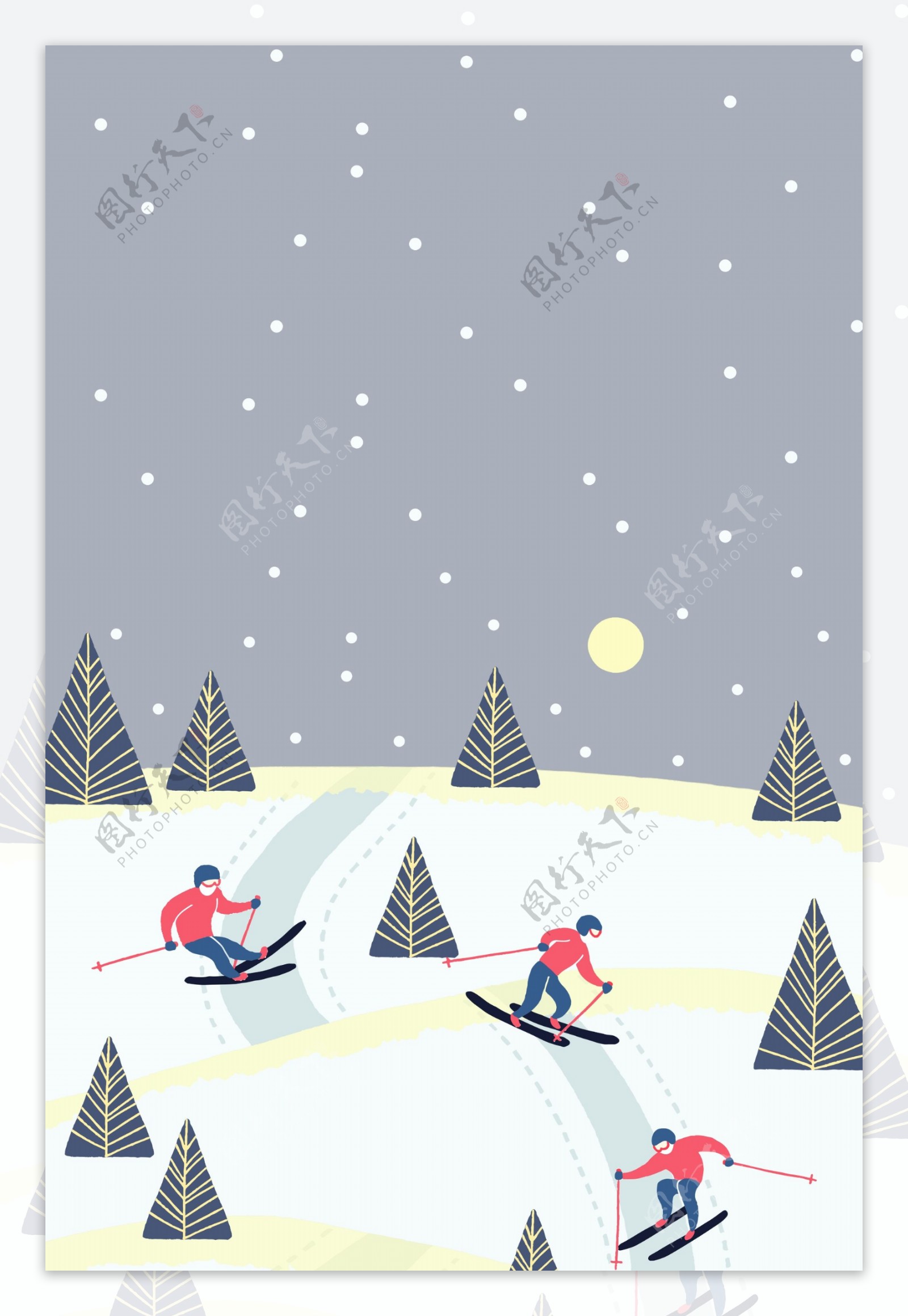 冬至节气雪山滑雪背景设计