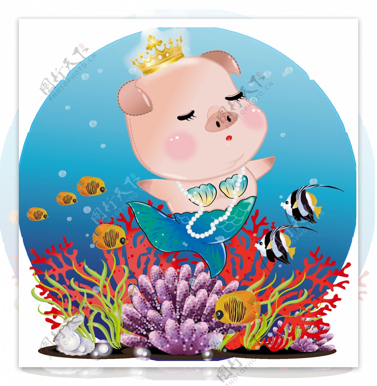 手绘卡通小猪美人鱼形象海底鱼珊瑚皇冠元素