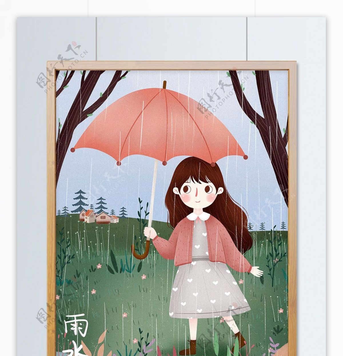 二十四节气雨水清新春季女孩手绘插画