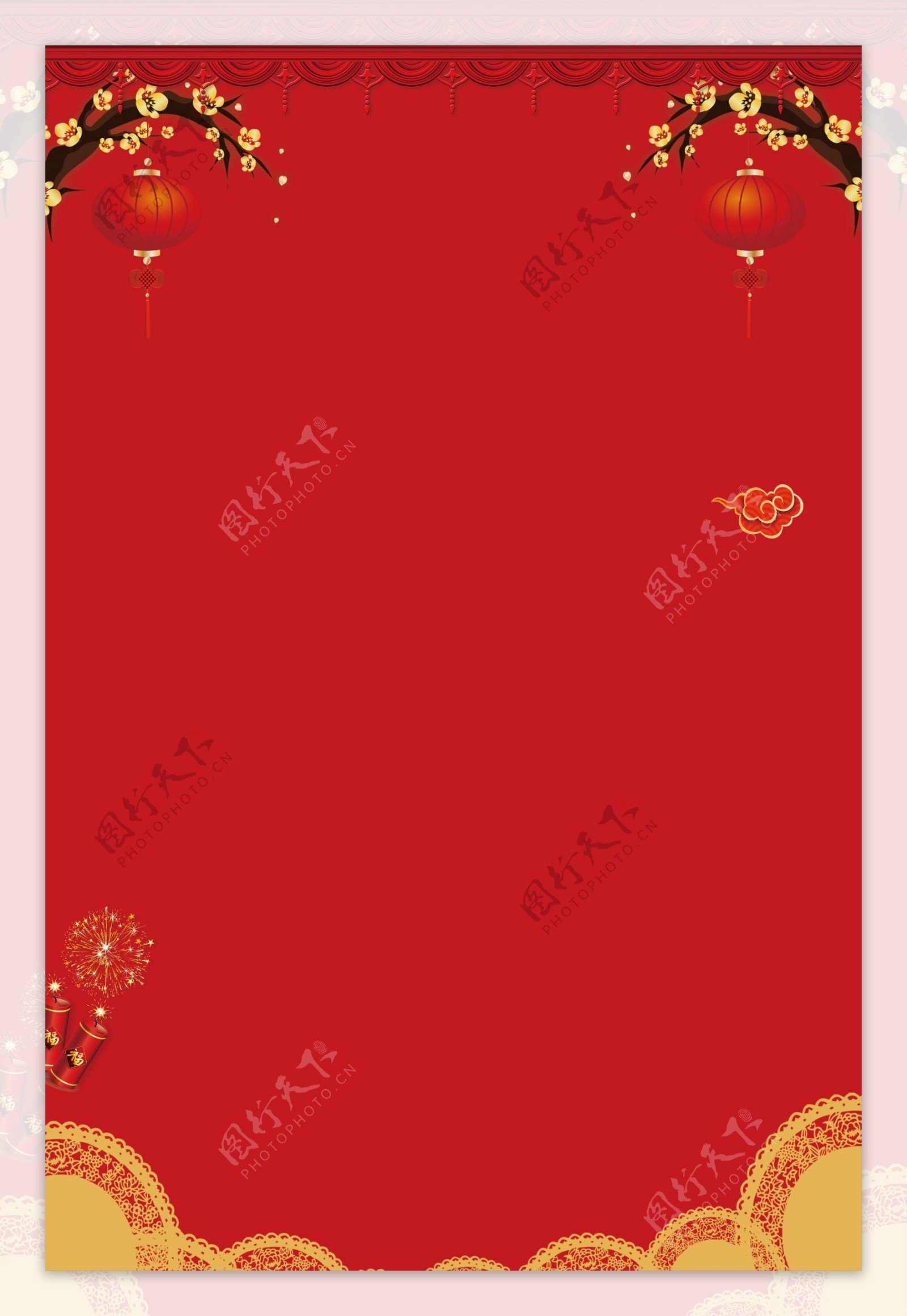 传统红色花枝灯笼新年背景设计