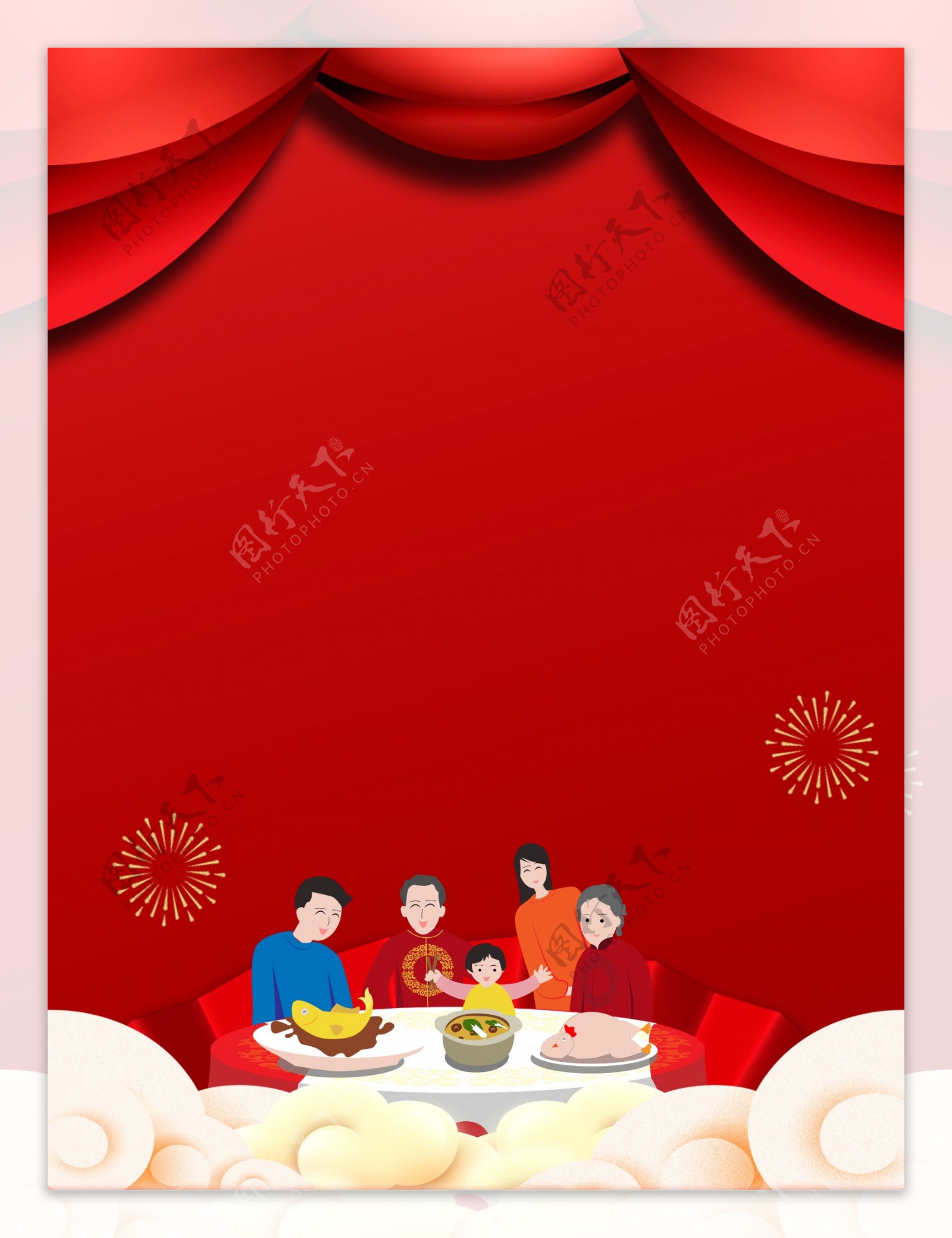 红色大气猪年全家吃团圆饭背景