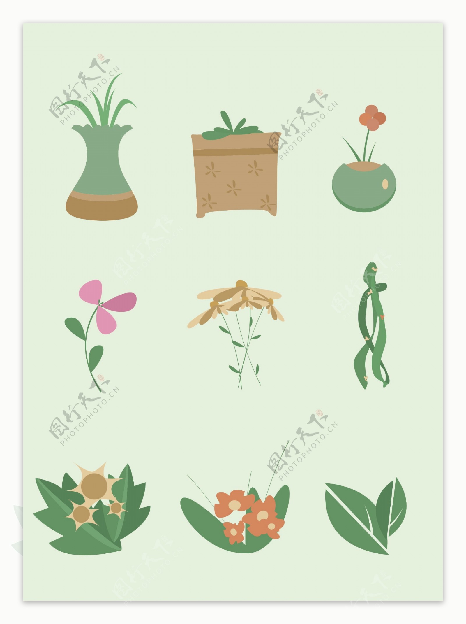 原创清新植物绿叶花矢量插画装饰背景