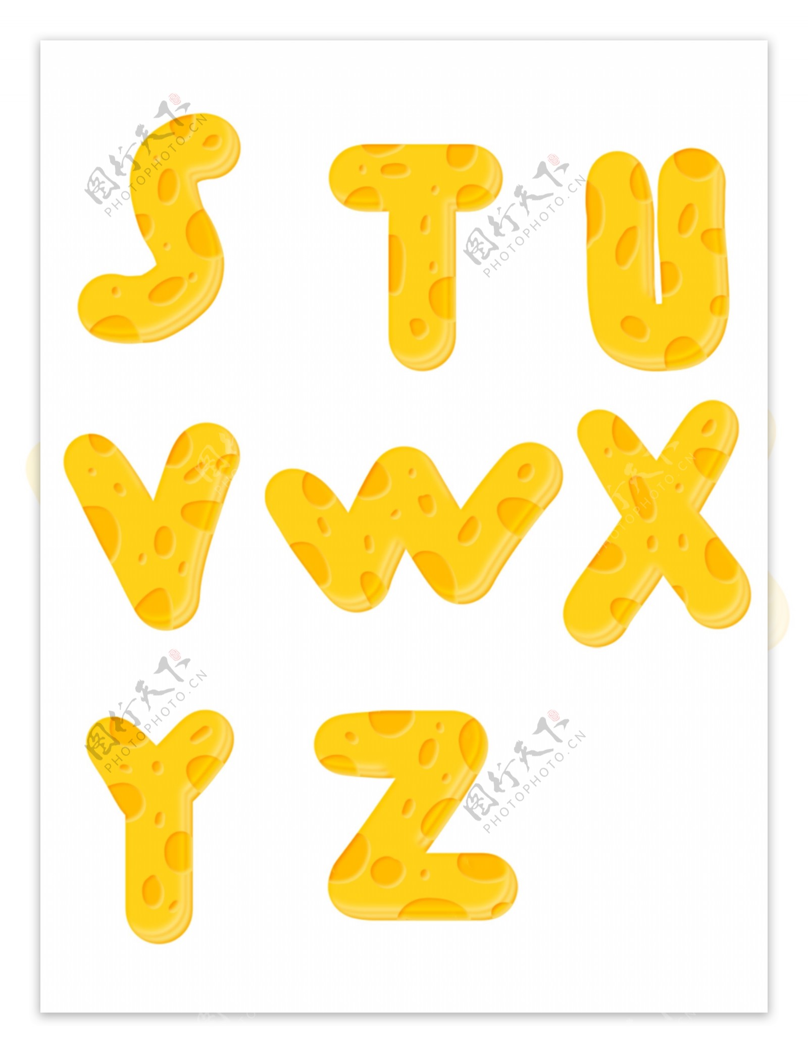 字母奶酪艺术字26个英文黄色糖果艺术字