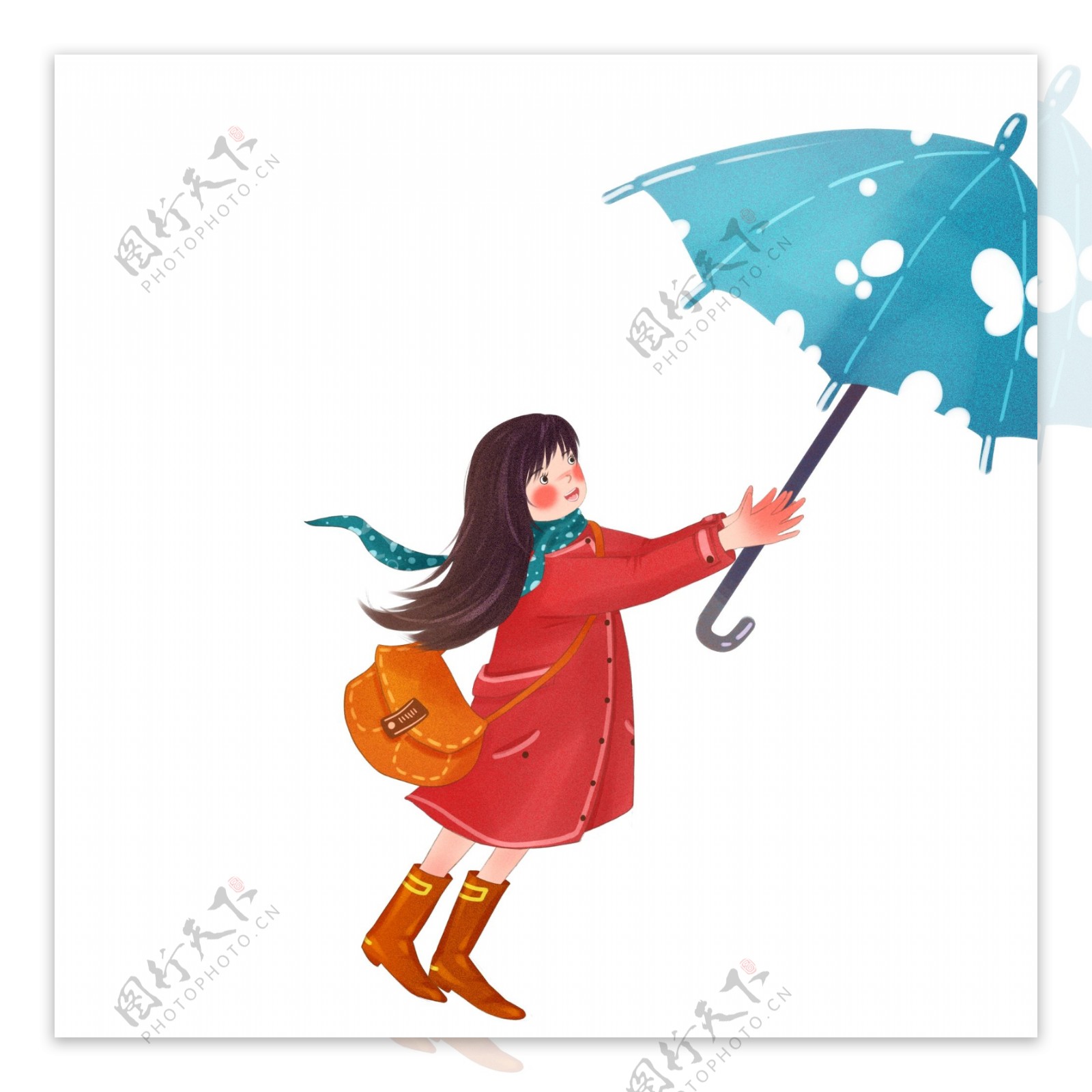 拿着雨伞的卡通女孩图案元素