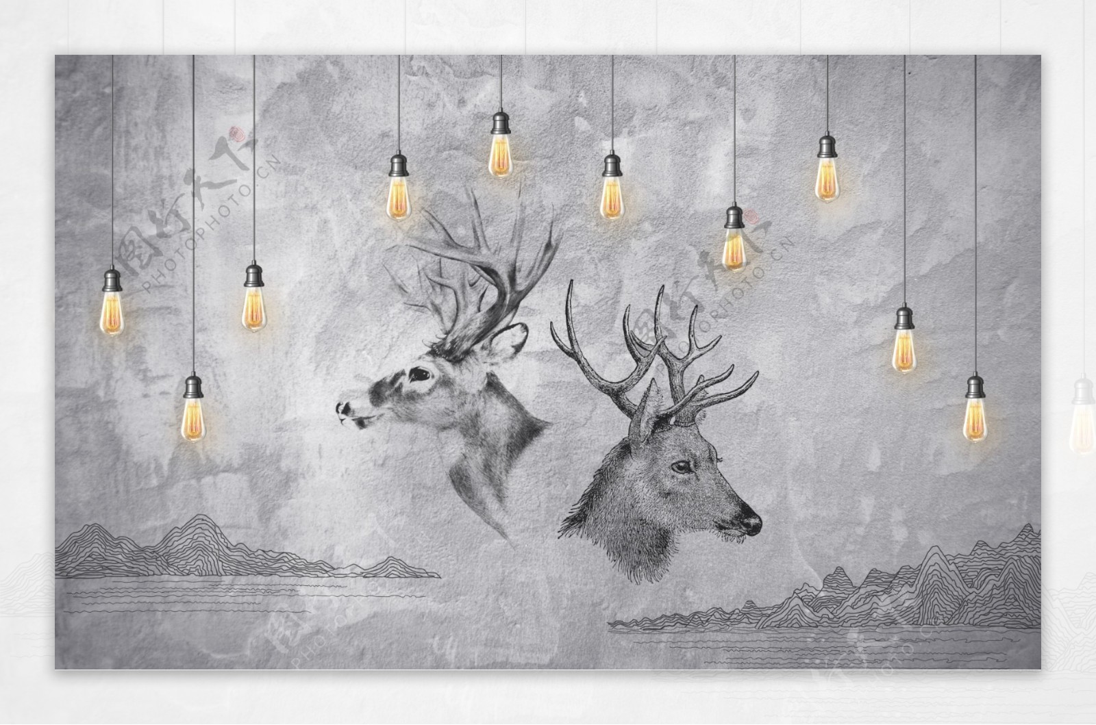 北欧吊灯麋鹿背景墙装饰画