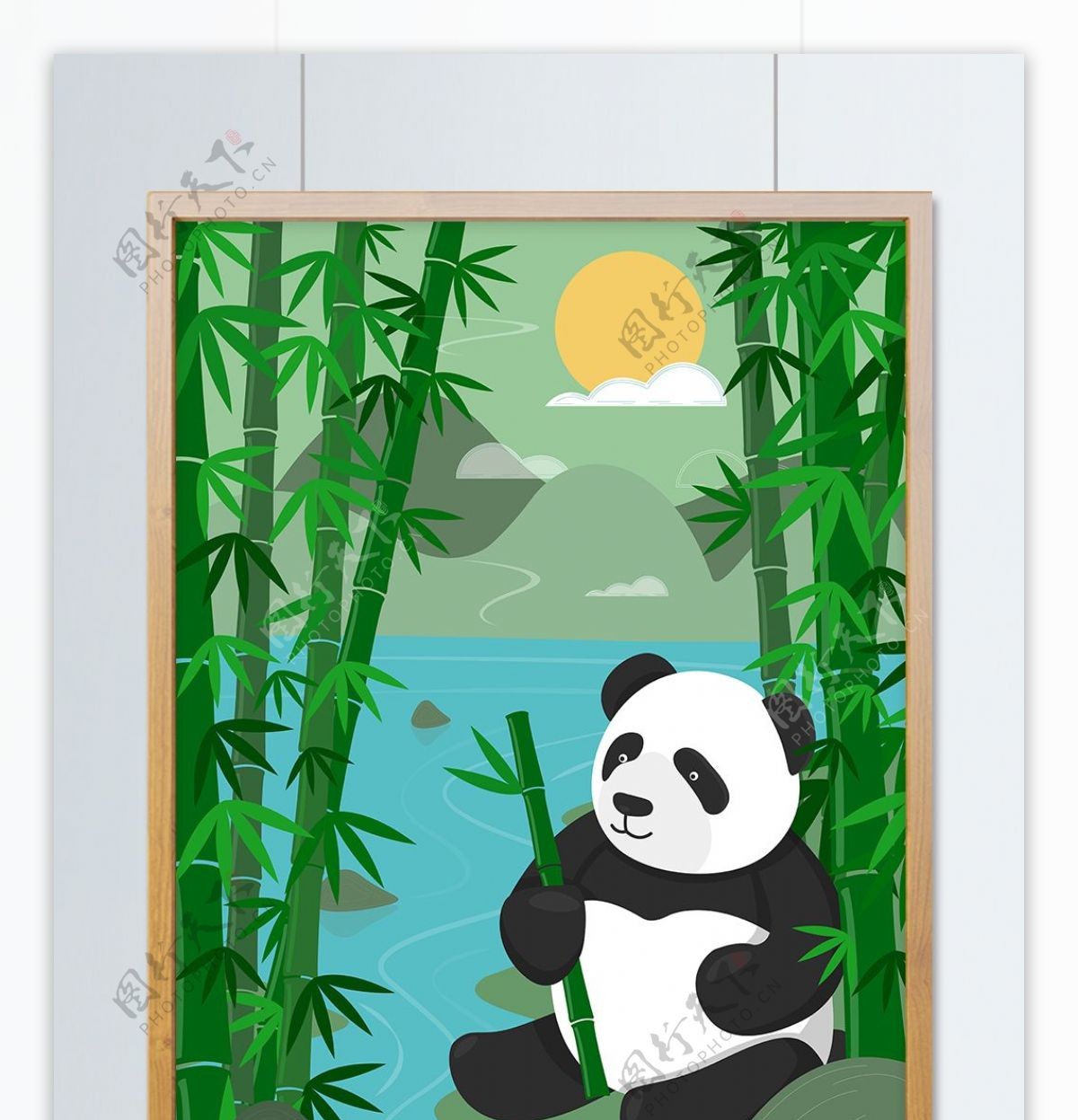 国宝熊猫自然印记矢量插画竹子山川河流太阳