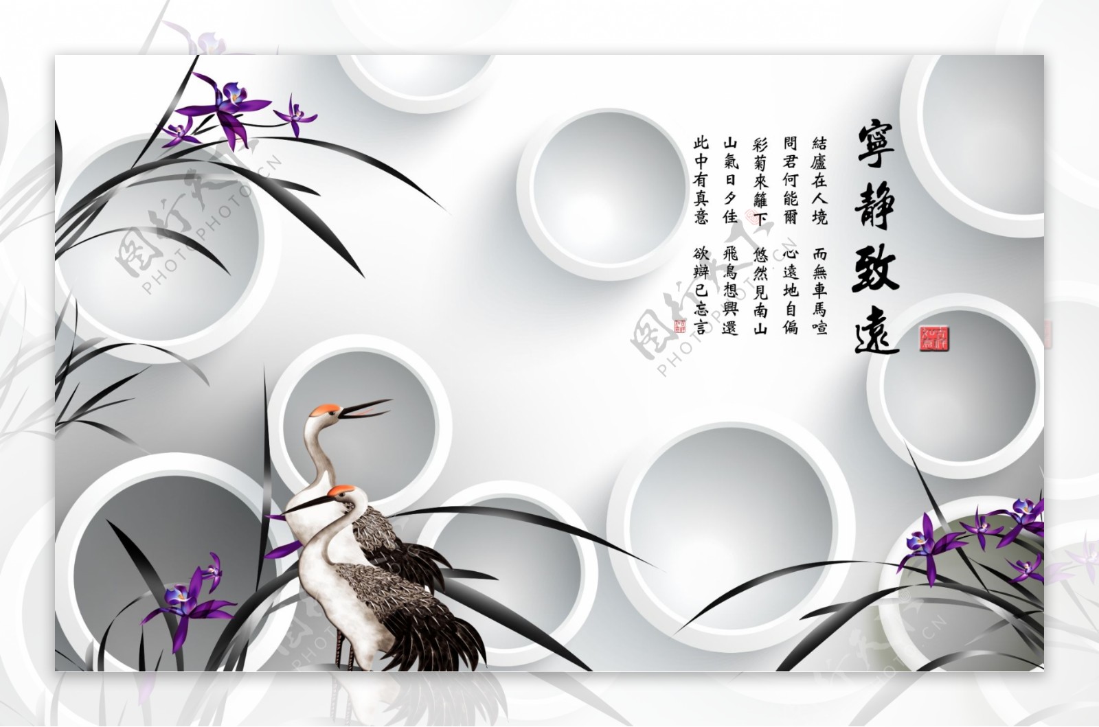 中式传统兰花白鹭中式电视背景墙