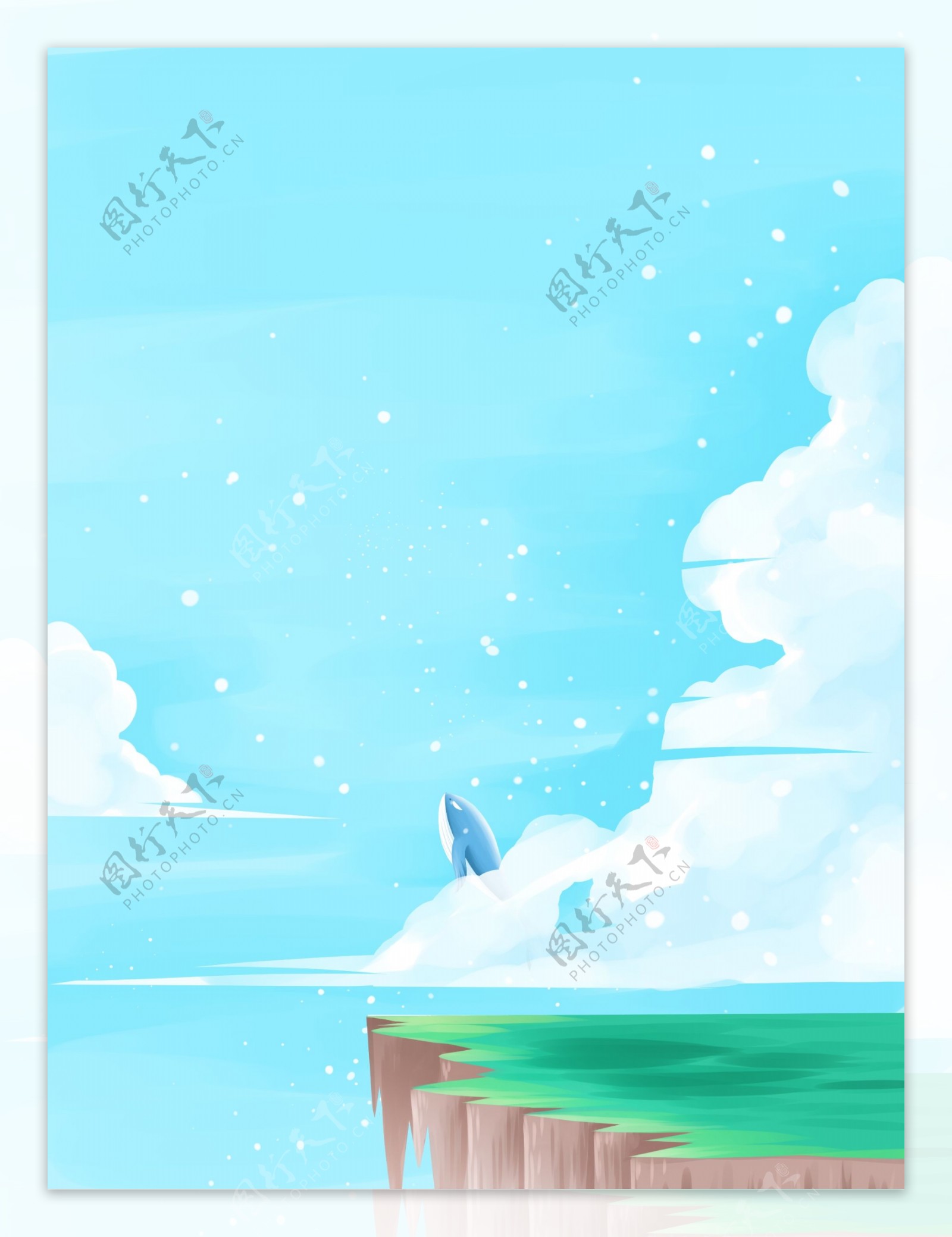 水彩蓝色海水蓝鲸背景设计