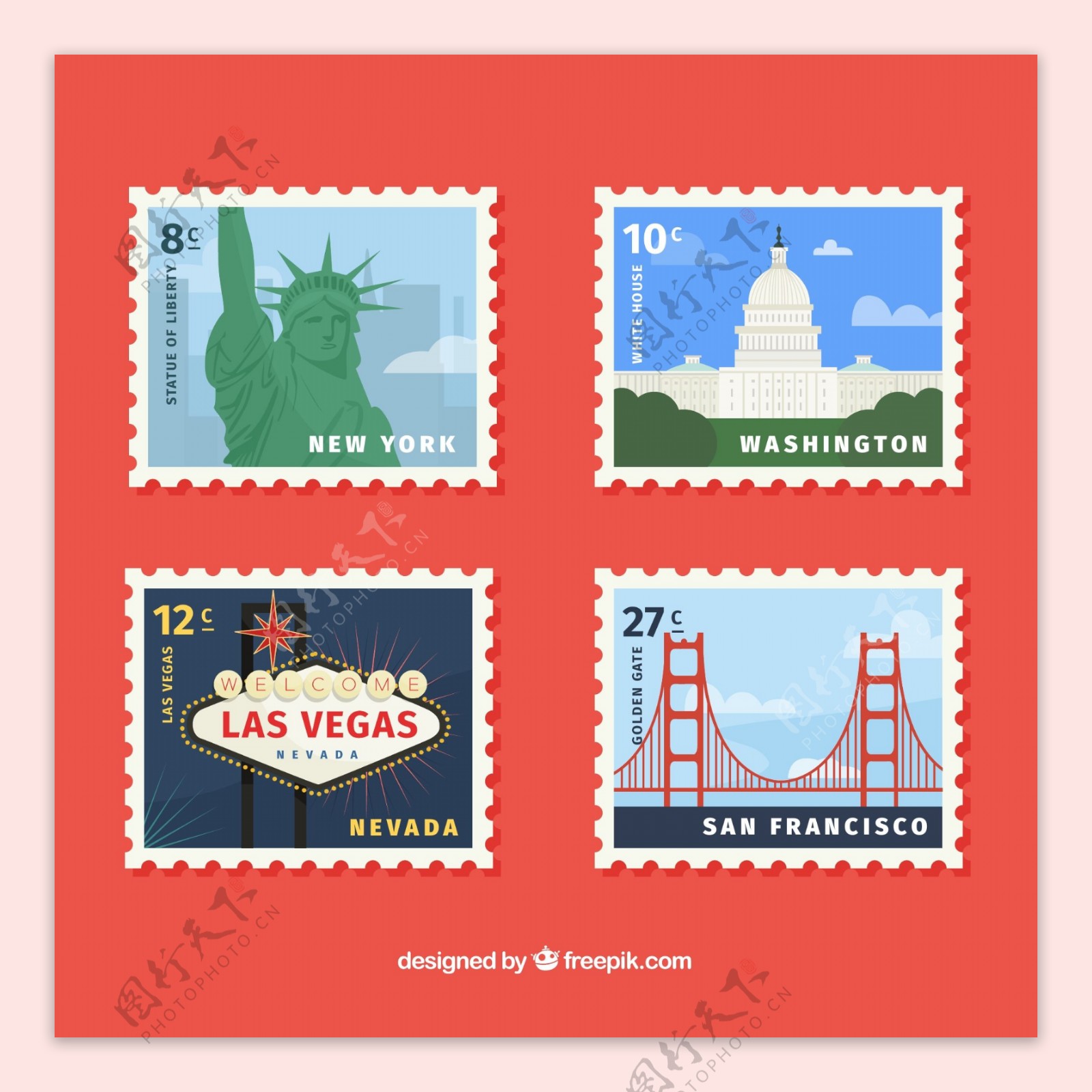 4款时尚旅游邮票设计矢量图