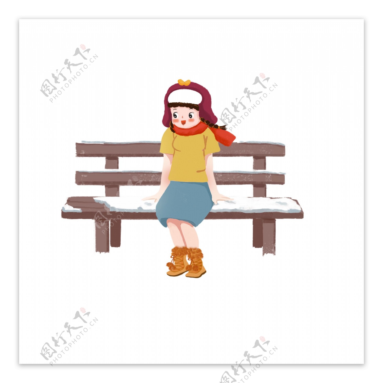 卡通手绘坐在凳子上的女孩