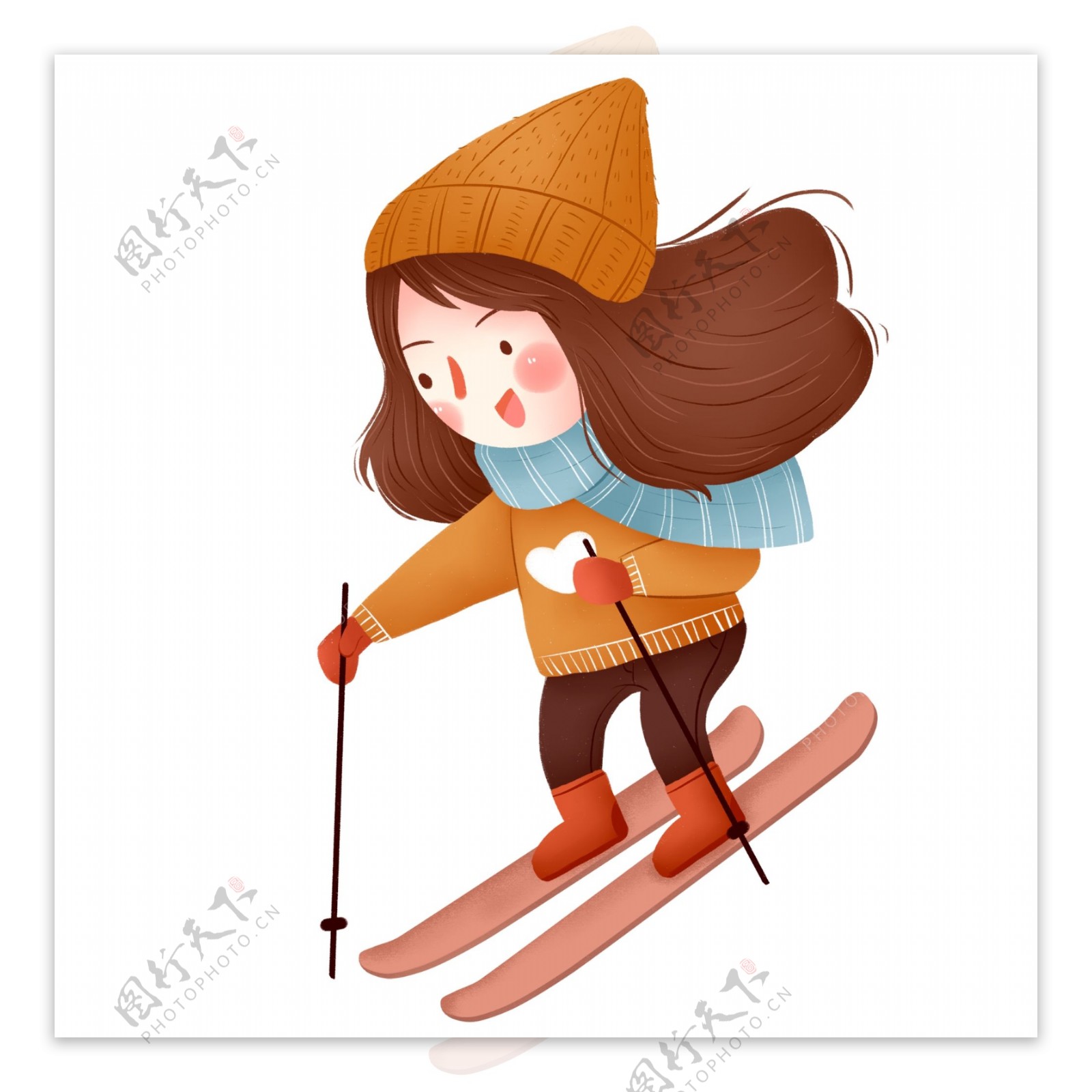 卡通手绘滑雪的小女孩