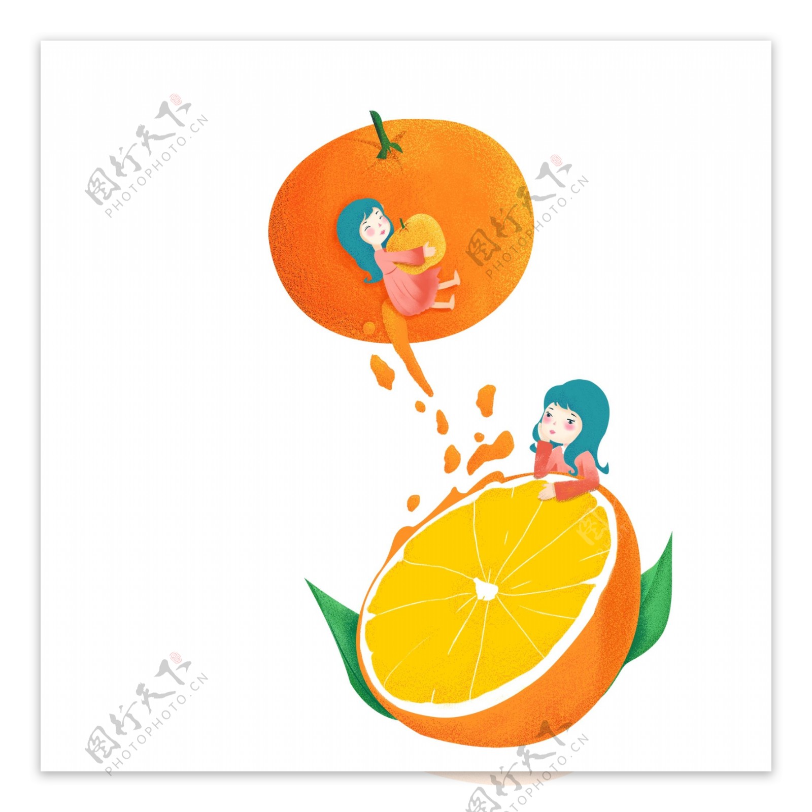 创意水果橘子和女孩插画手绘设计