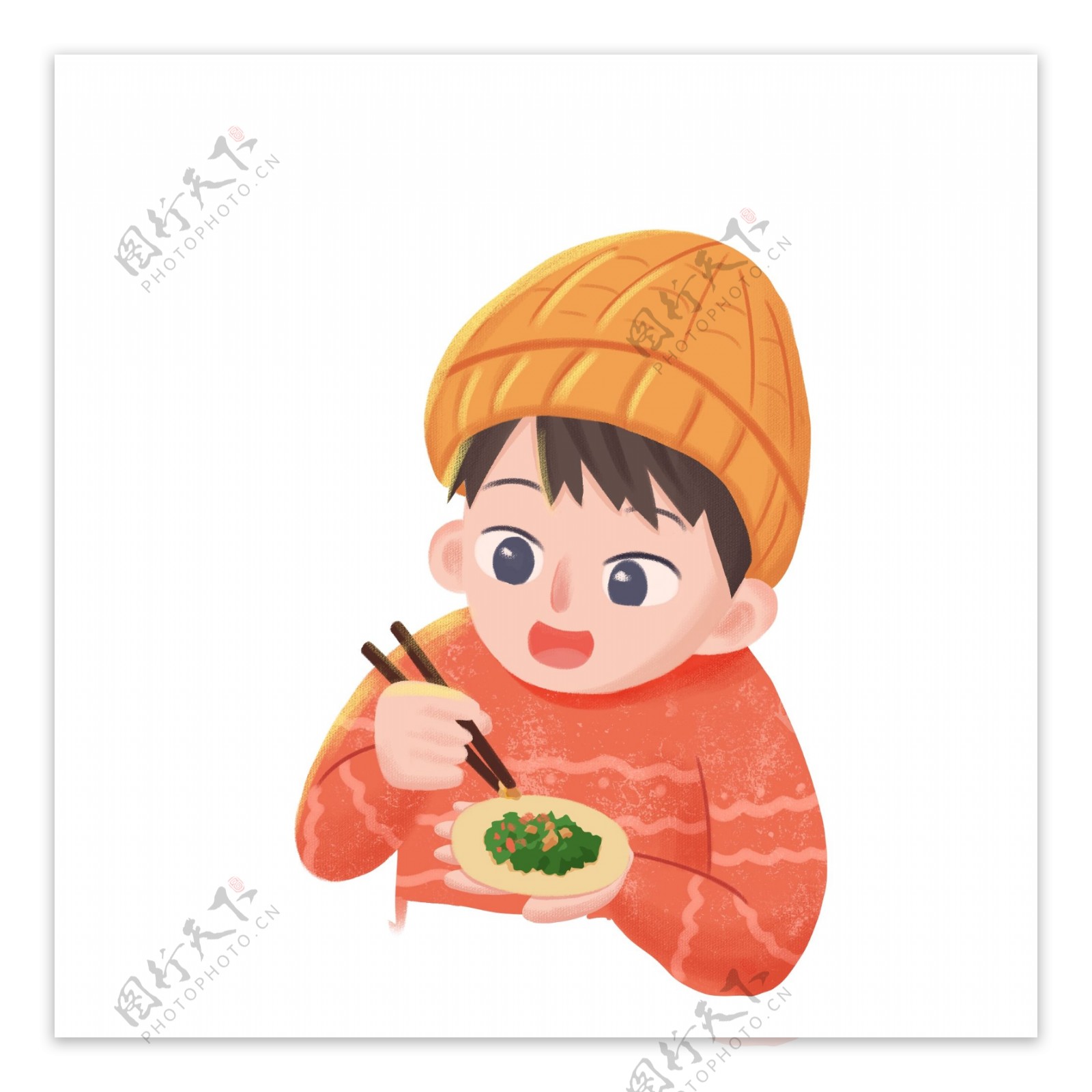 卡通可爱包饺子的小男孩