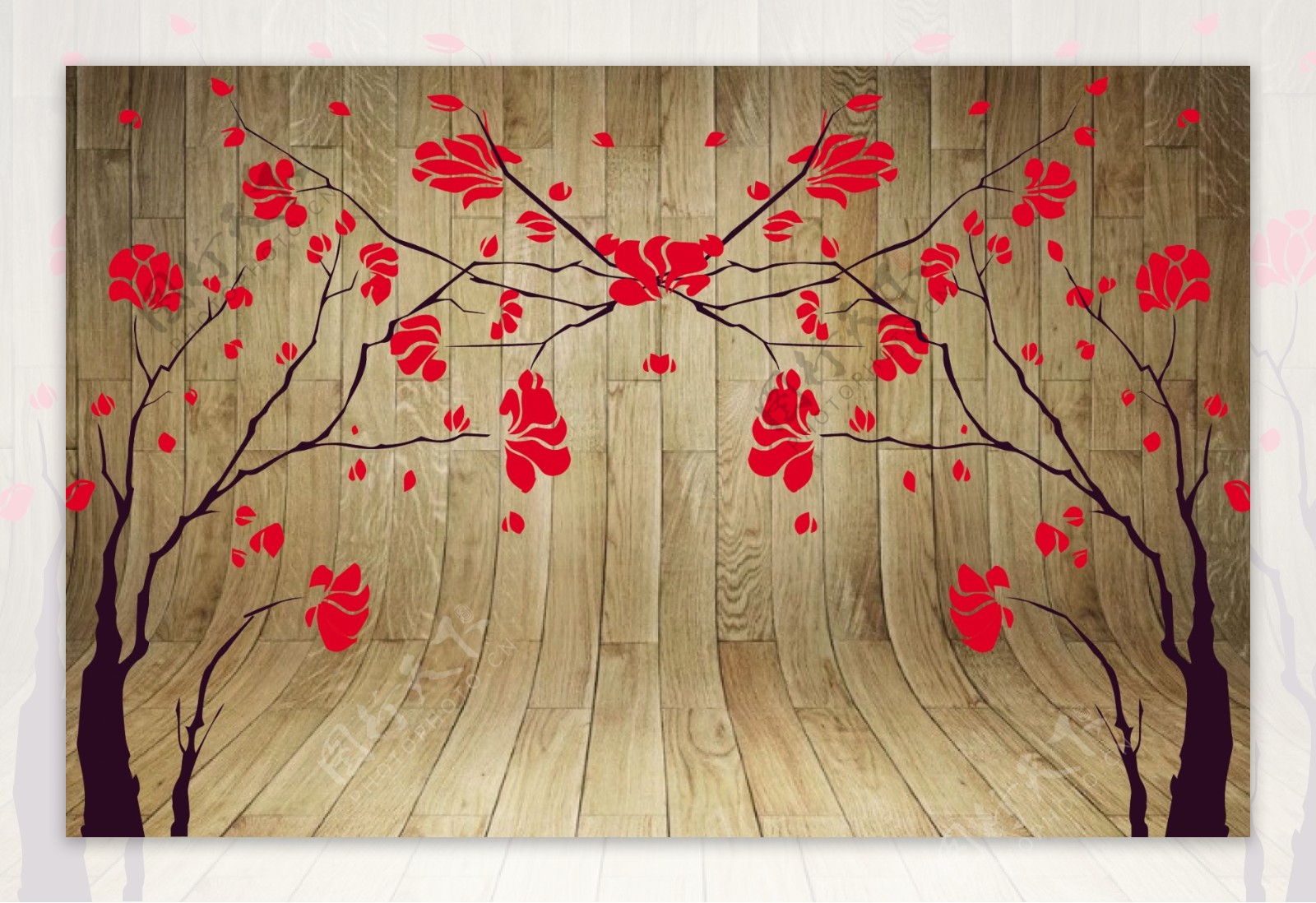 木纹红花朵电视墙
