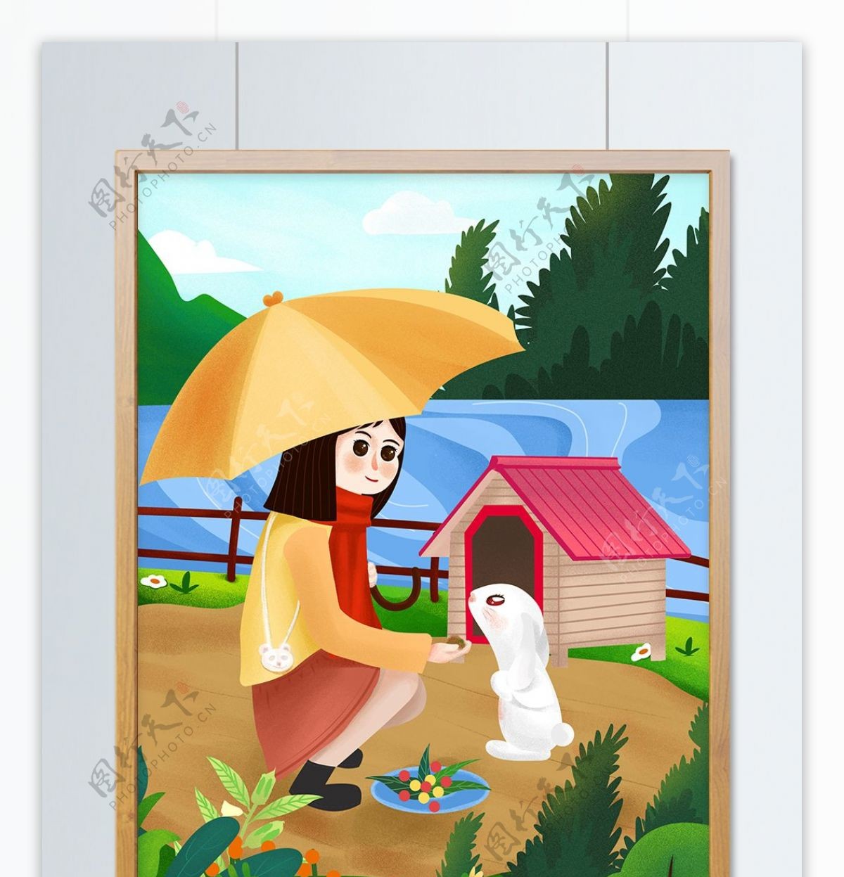 保护动物小女孩打雨伞爱护兔子儿童教育插画