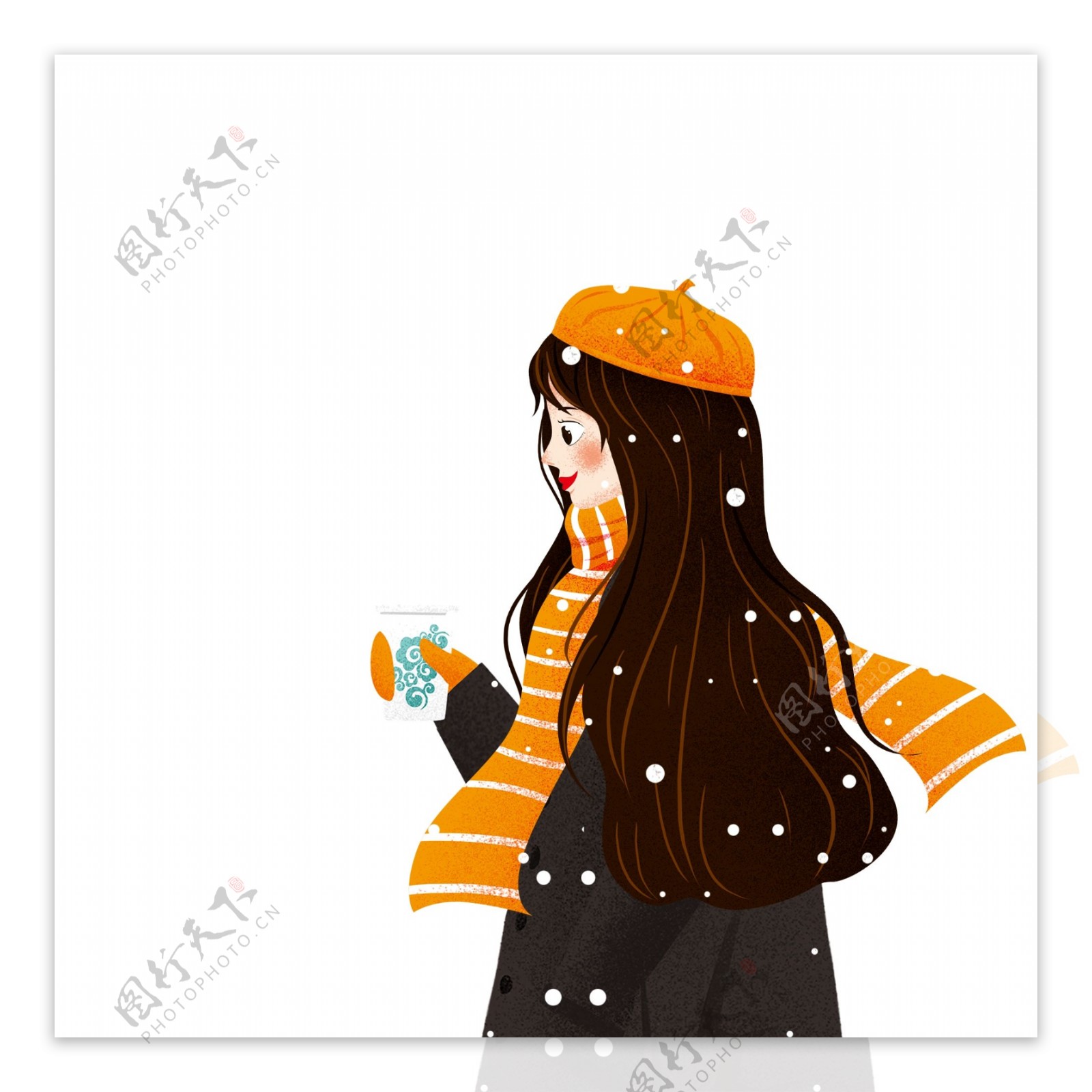 小清新拿着一杯热咖啡的女孩手绘设计