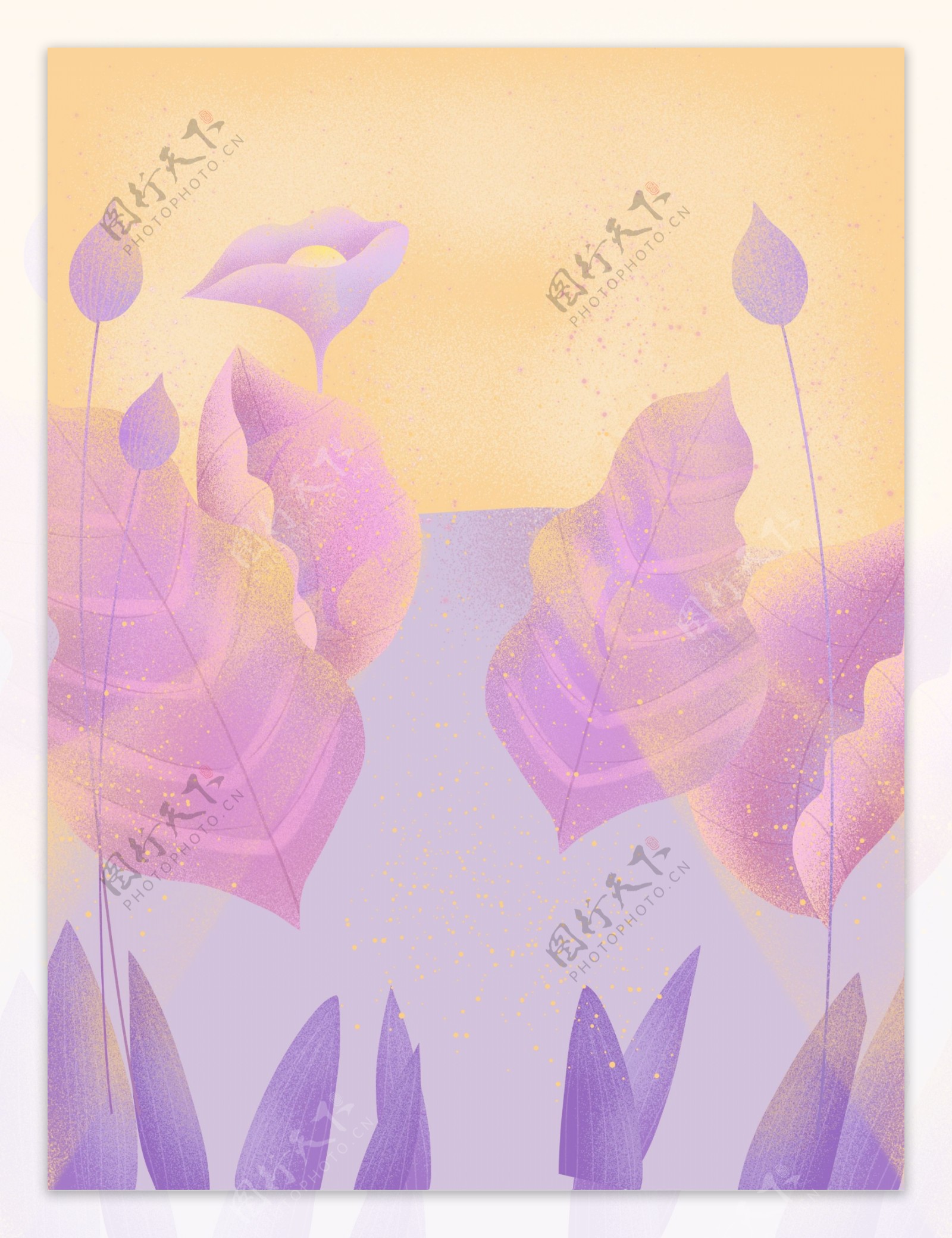 紫色手绘花丛树叶背景设计