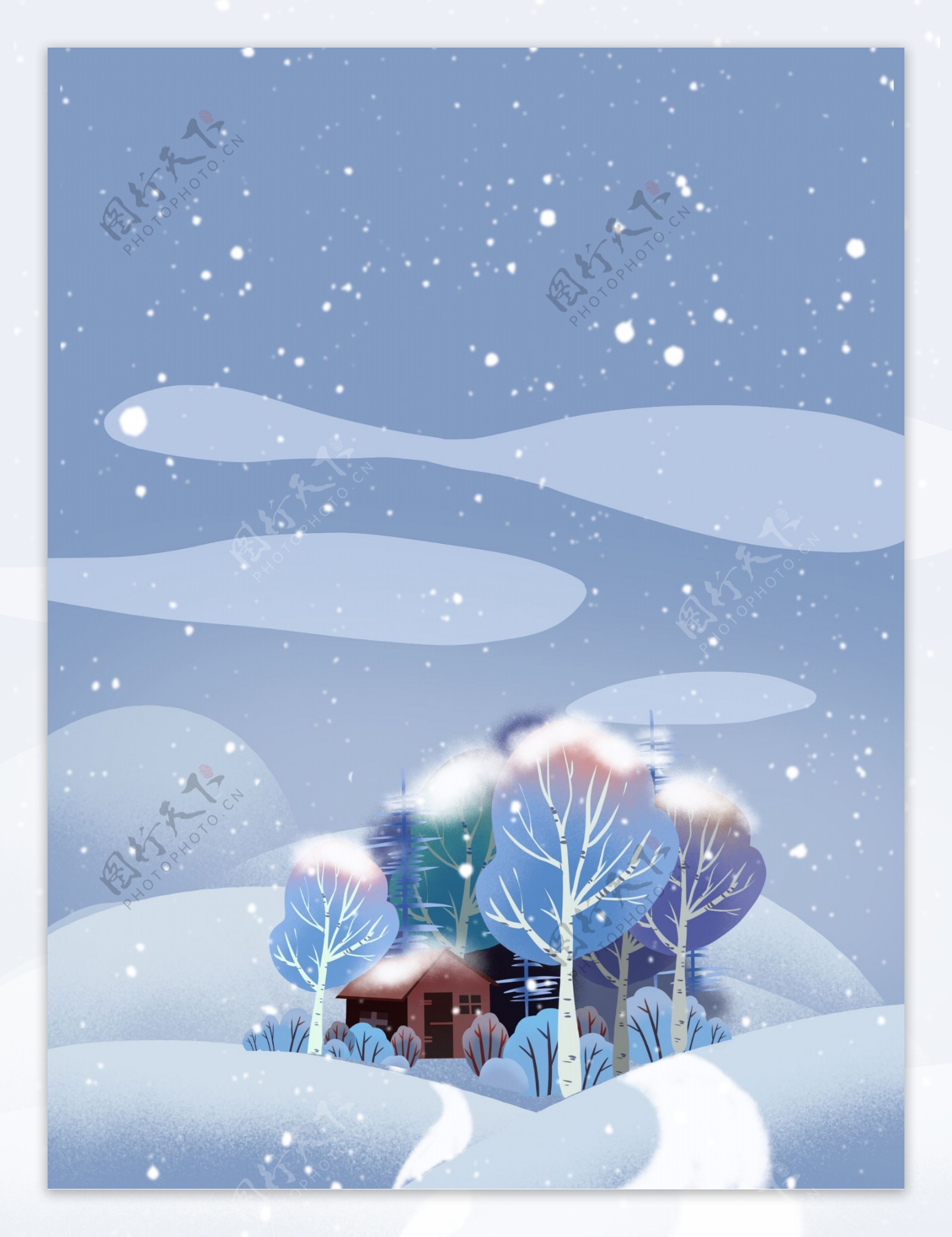 冬季雪地树林小屋背景设计