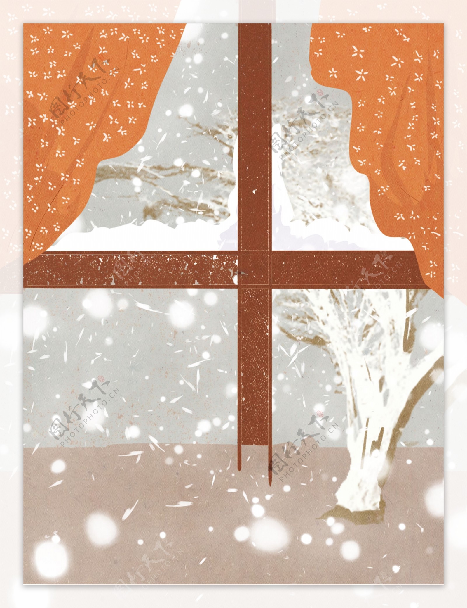 手绘冬季下雪窗户背景设计