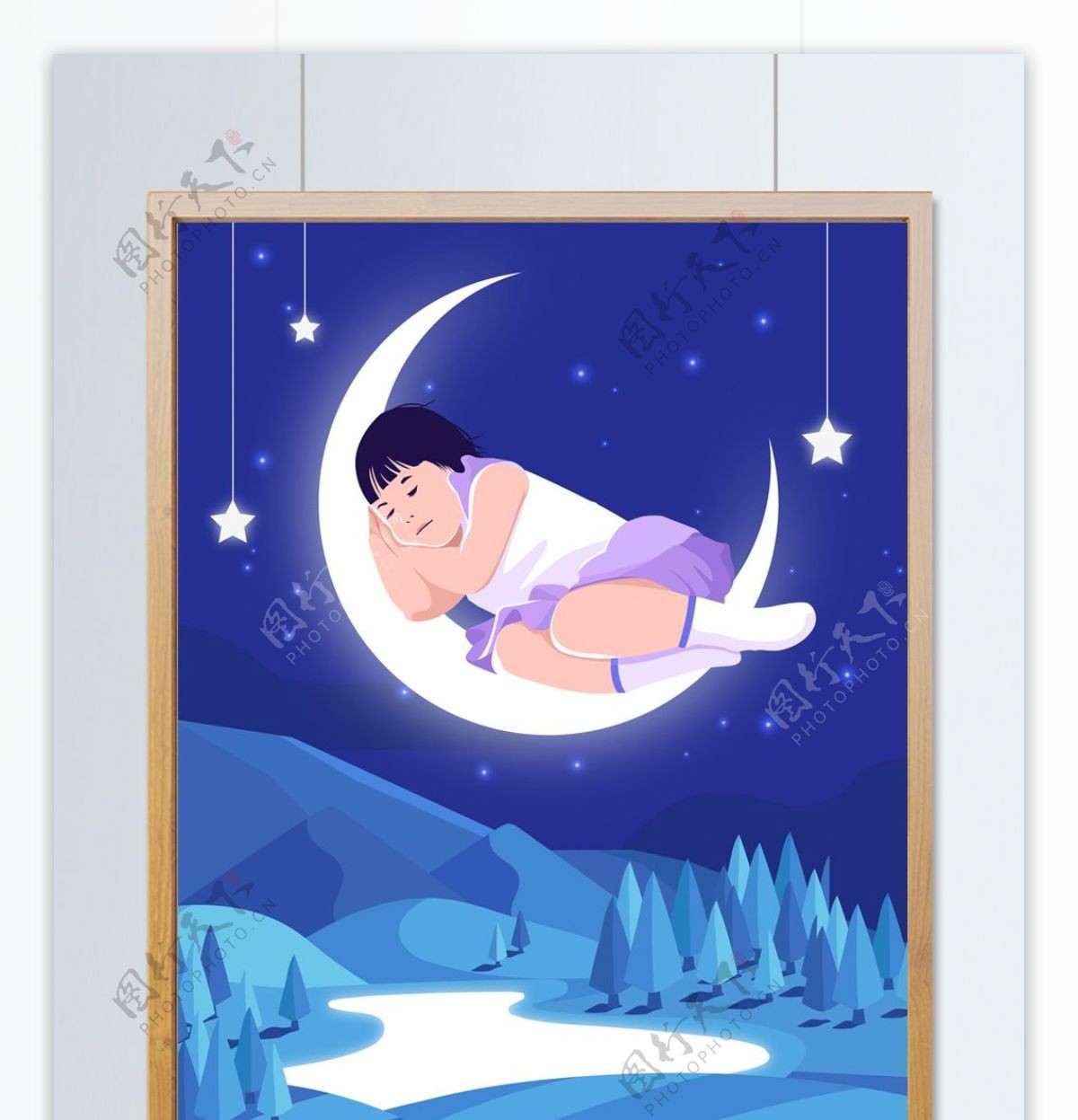 梦幻唯美星空主题小女孩与月亮