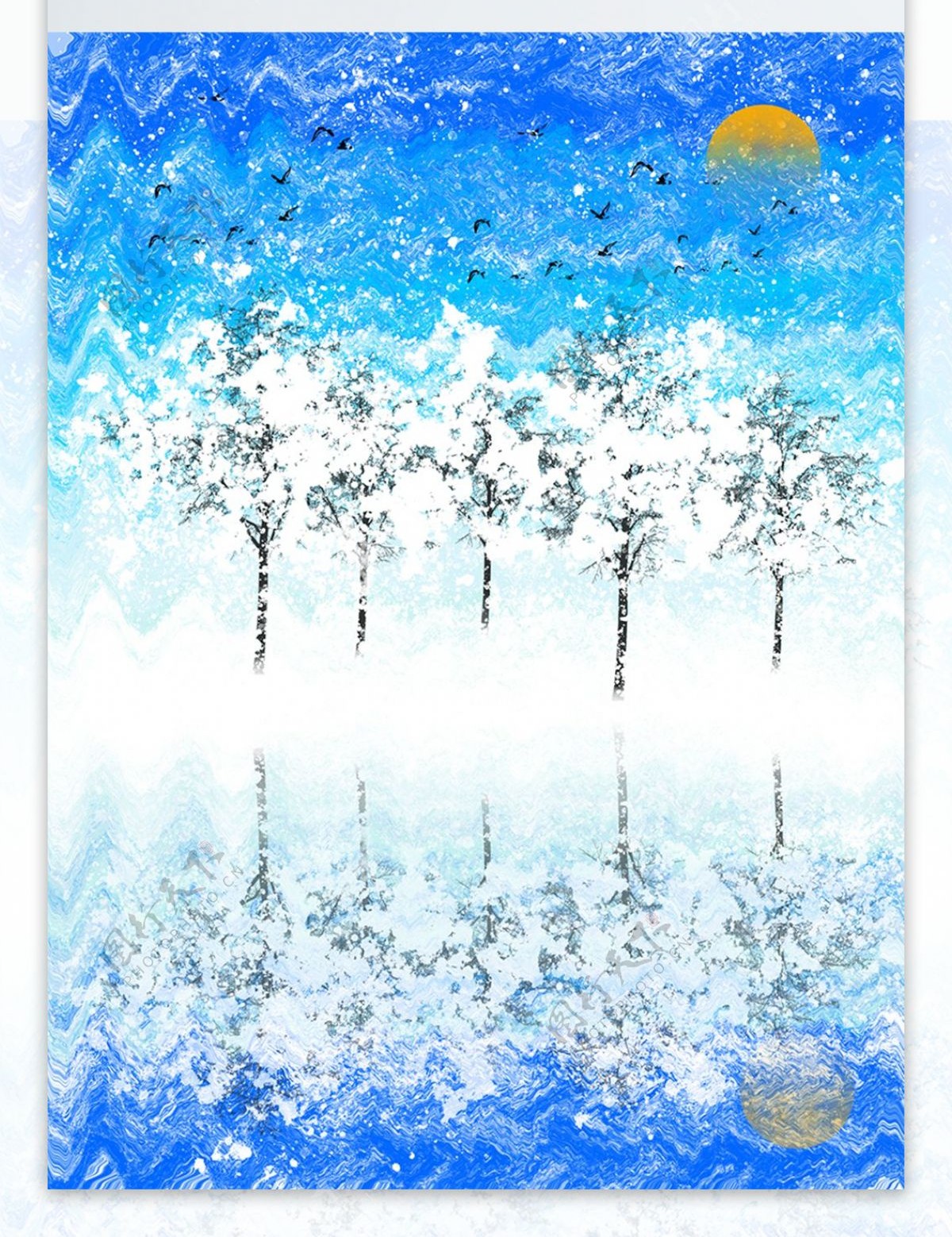 北欧手绘水彩雪花树林小岛装饰画