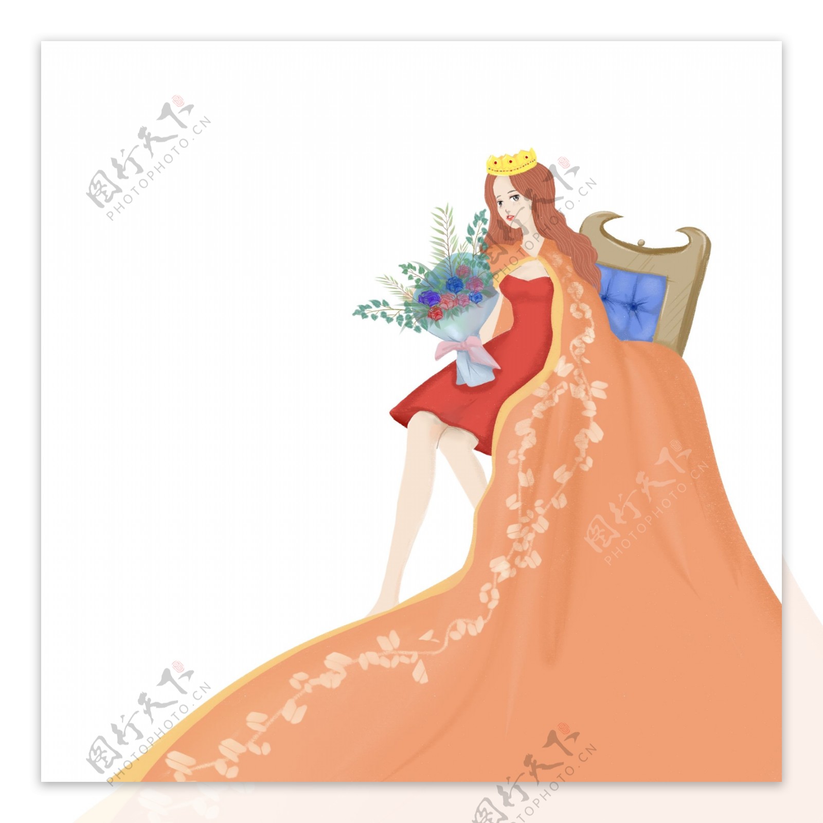 女王节公主女神手绘女生卡通人物皇冠坐姿