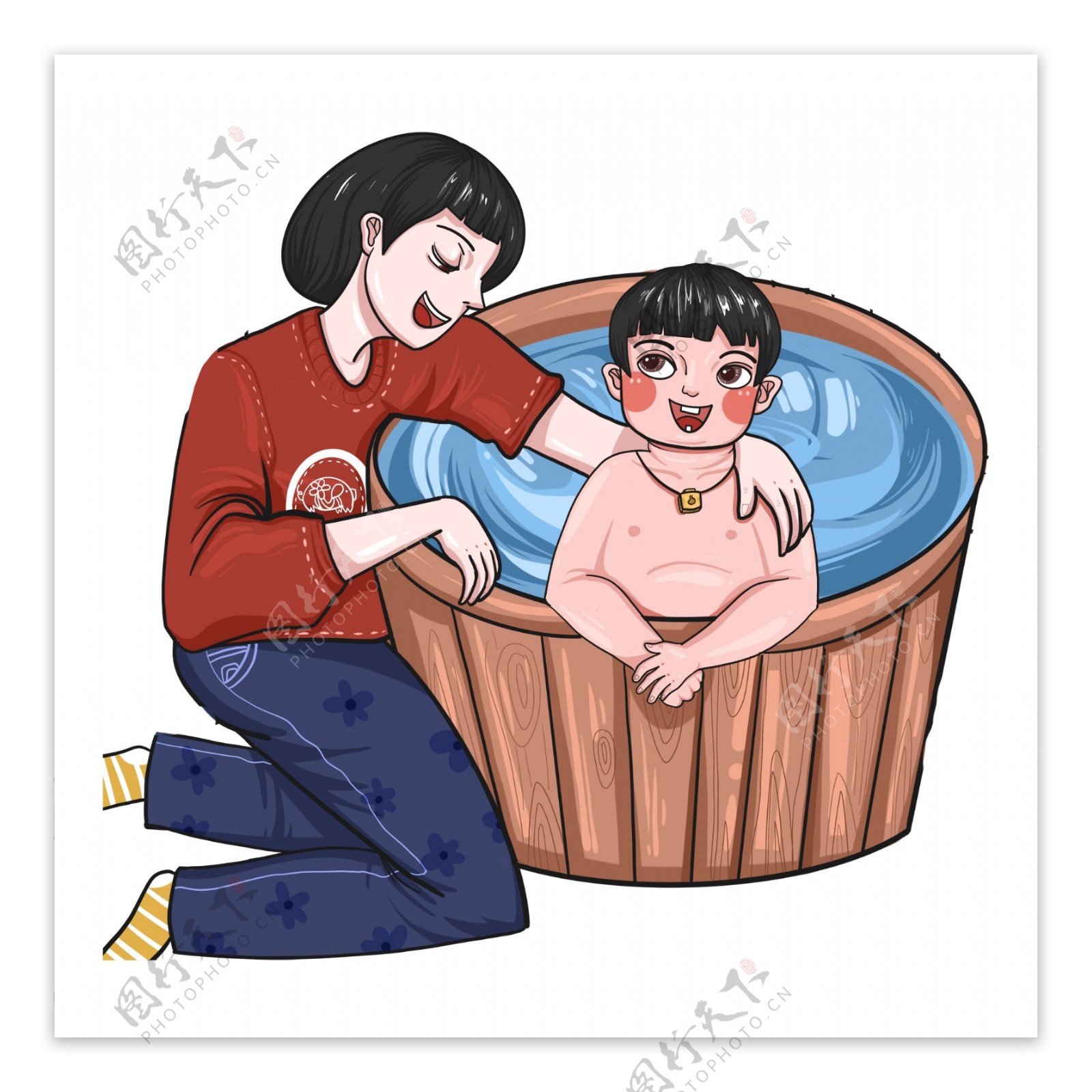 母亲在房间里的浴室里给婴儿洗澡。照片摄影图片_ID:308521430-Veer图库