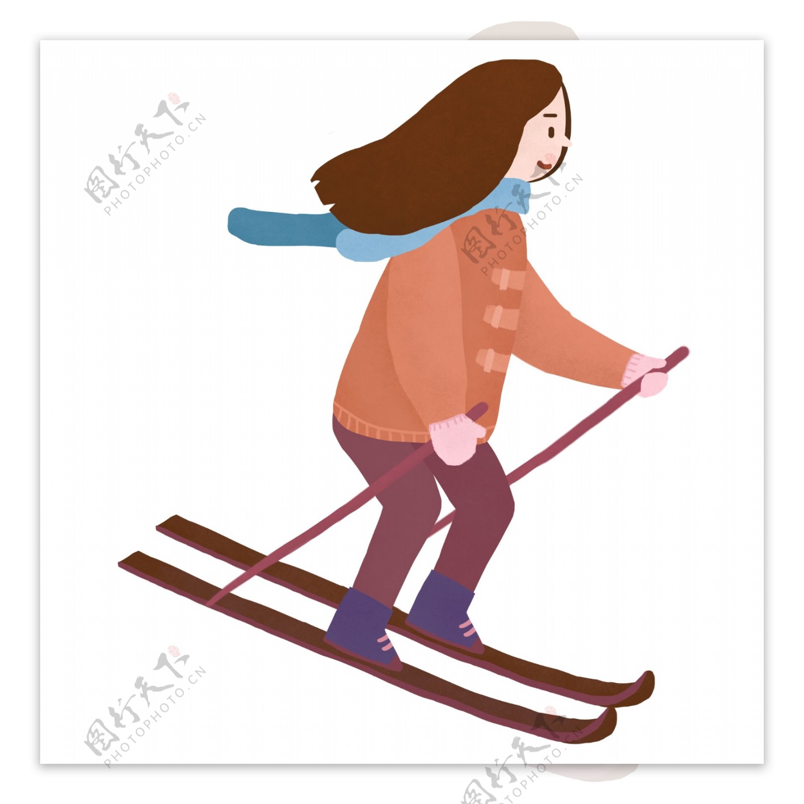 手绘可爱滑雪的女孩素材