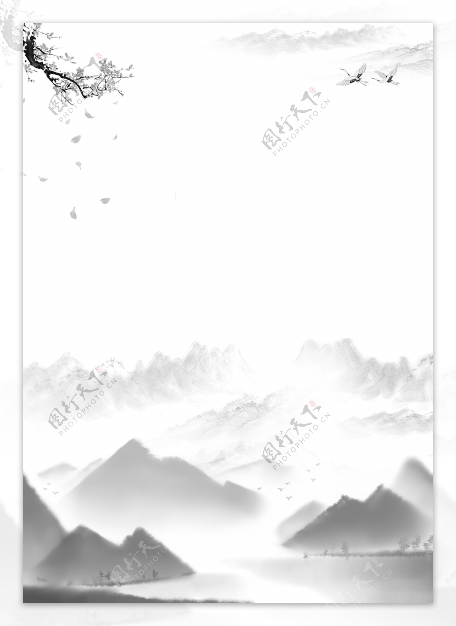 中国风格的传统山水黑白墨水风格背景