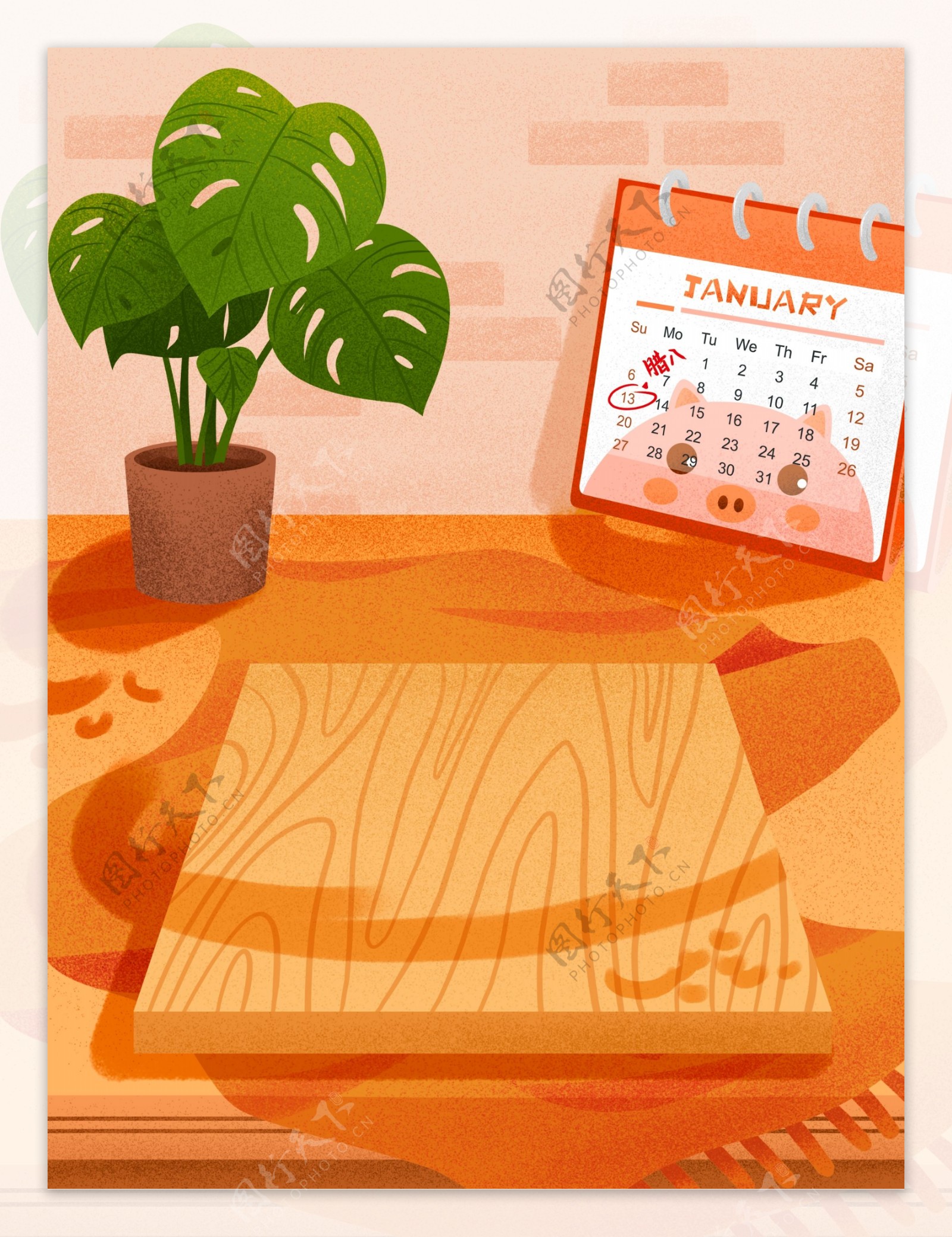 彩绘腊八节盆栽日历背景