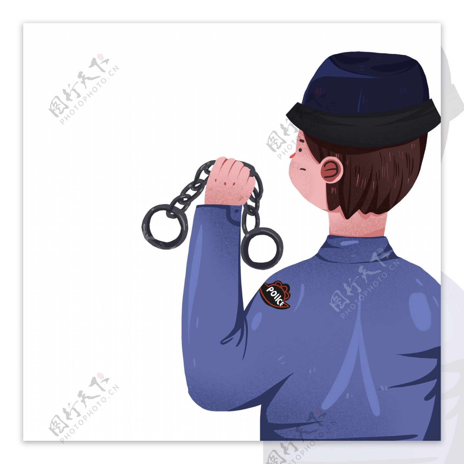手绘卡通拿着手铐的警察人物背影设计