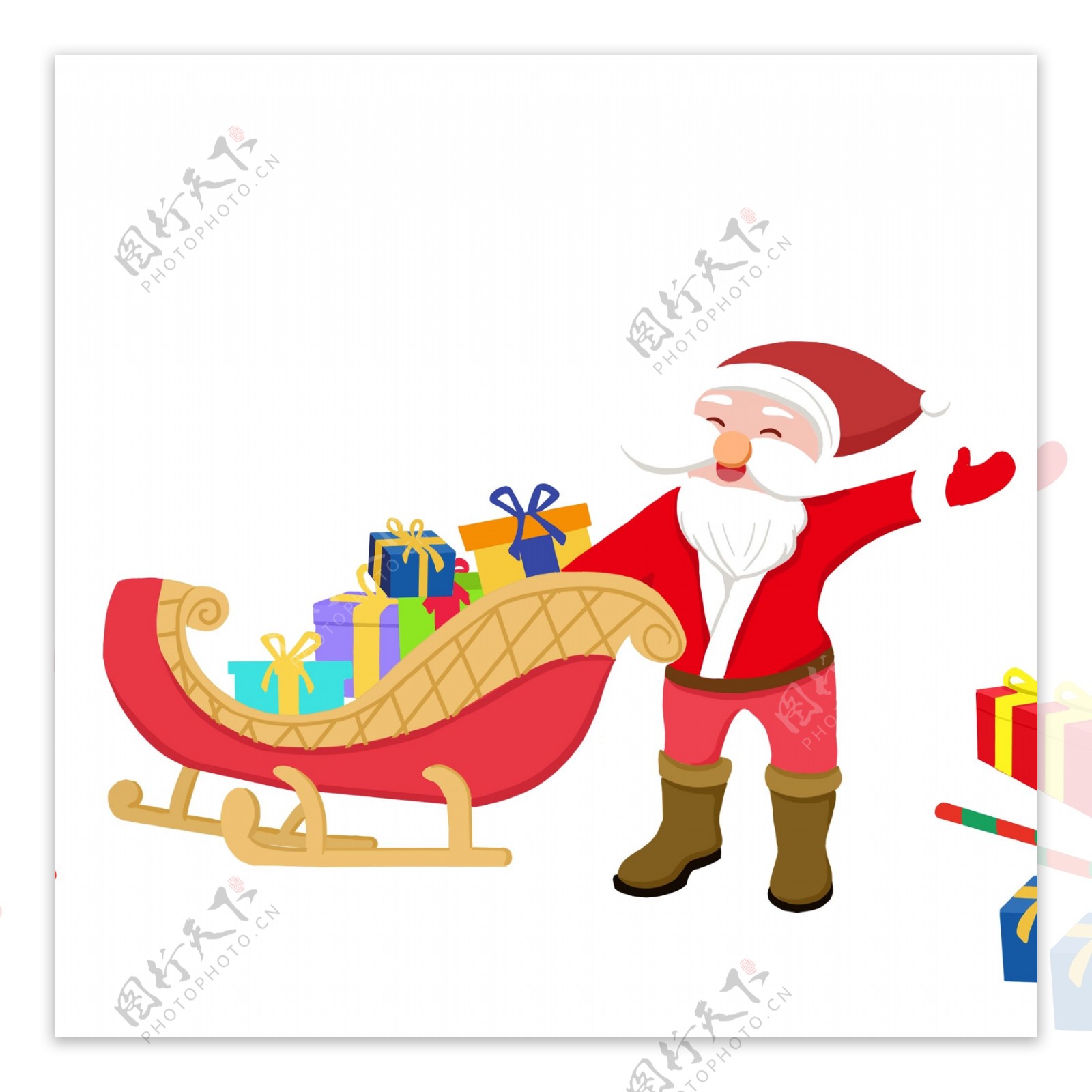 卡通手绘拉着一雪橇圣诞礼物的圣诞老人