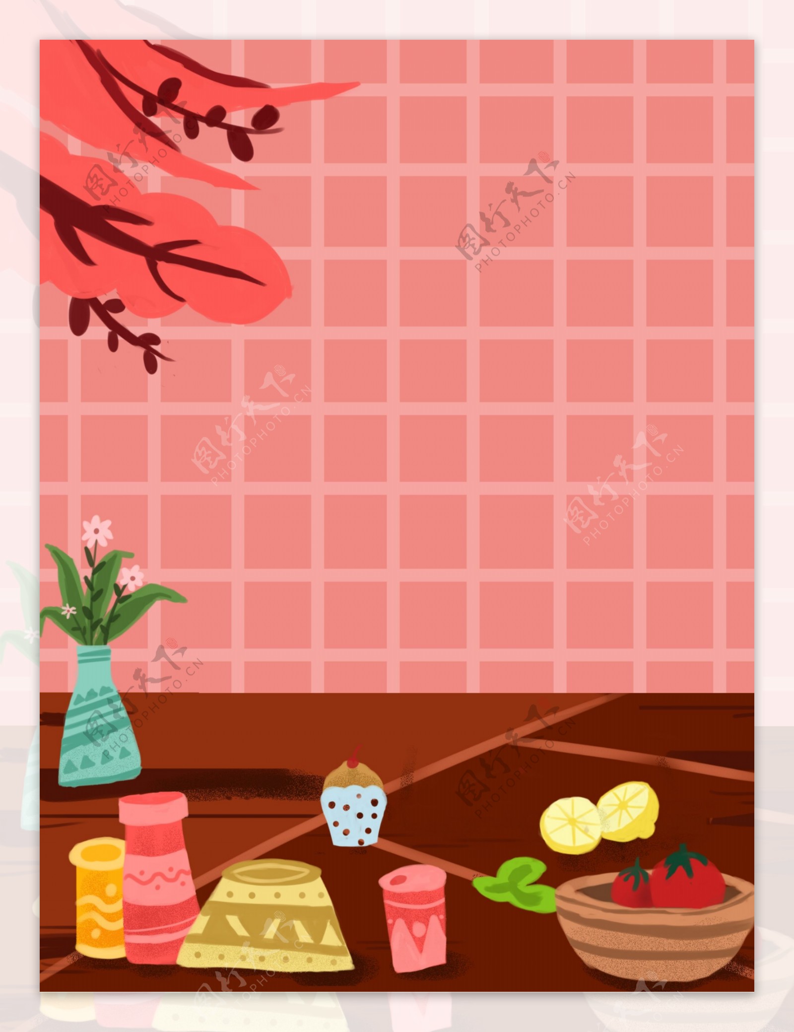 可爱粉色厨房生活插画背景