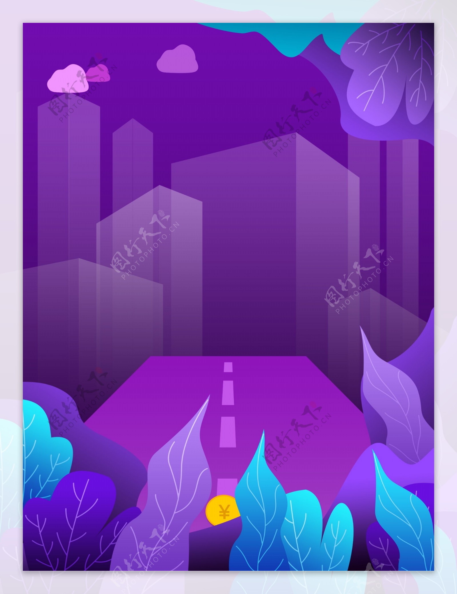 大气梦幻紫色植物插画背景